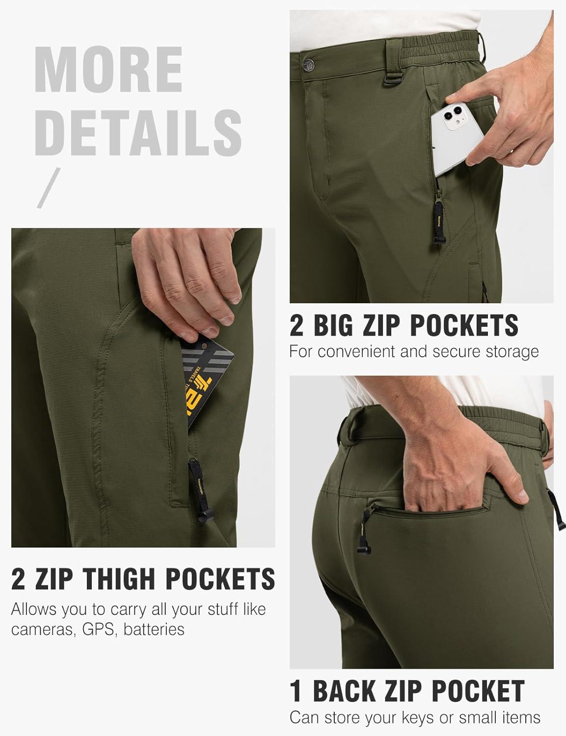 imageTBMPOY Mens Lightweight Hiking Pants with Belt 5 Zip Pockets Waterproof QuickDry Travel Fishing Work Outdoor PantsA8thin Green