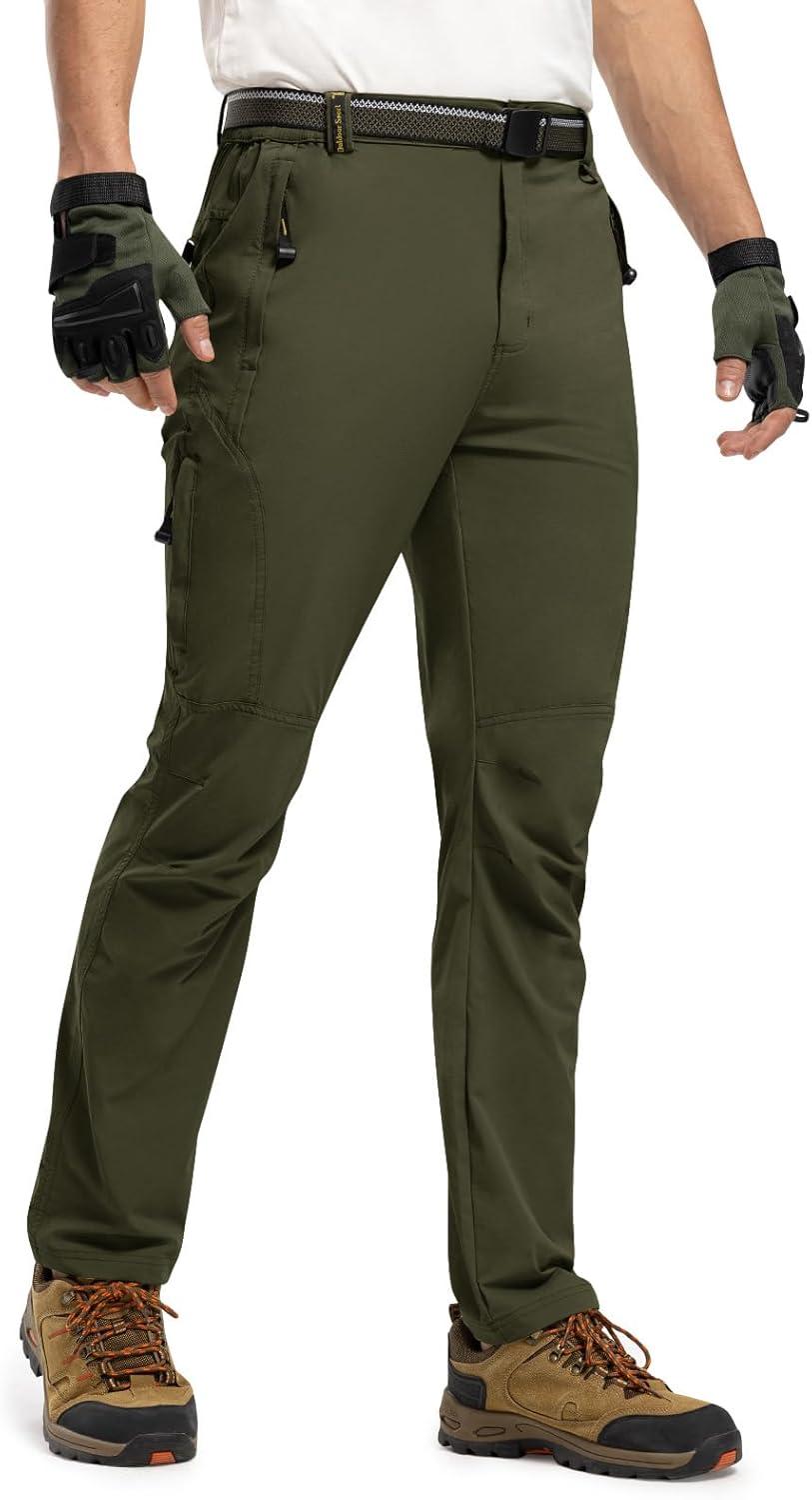 imageTBMPOY Mens Lightweight Hiking Pants with Belt 5 Zip Pockets Waterproof QuickDry Travel Fishing Work Outdoor PantsA8thin Green