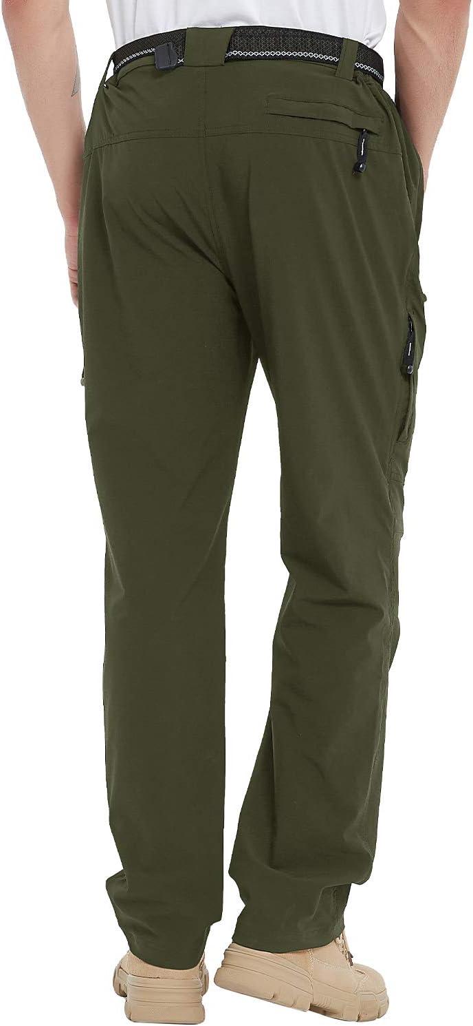 imageTBMPOY Mens Lightweight Hiking Pants with Belt 5 Zip Pockets Waterproof QuickDry Travel Fishing Work Outdoor PantsA8thin Green