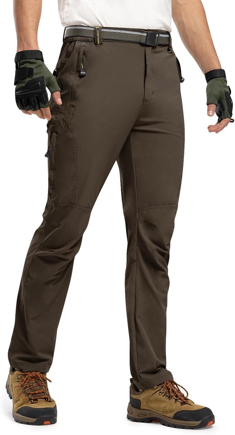 imageTBMPOY Mens Lightweight Hiking Pants with Belt 5 Zip Pockets Waterproof QuickDry Travel Fishing Work Outdoor PantsA9thin Brown