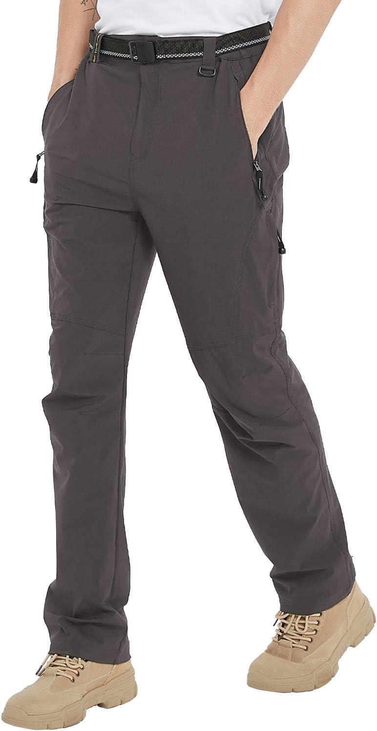 imageTBMPOY Mens Lightweight Hiking Pants with Belt 5 Zip Pockets Waterproof QuickDry Travel Fishing Work Outdoor PantsA9thin Brown