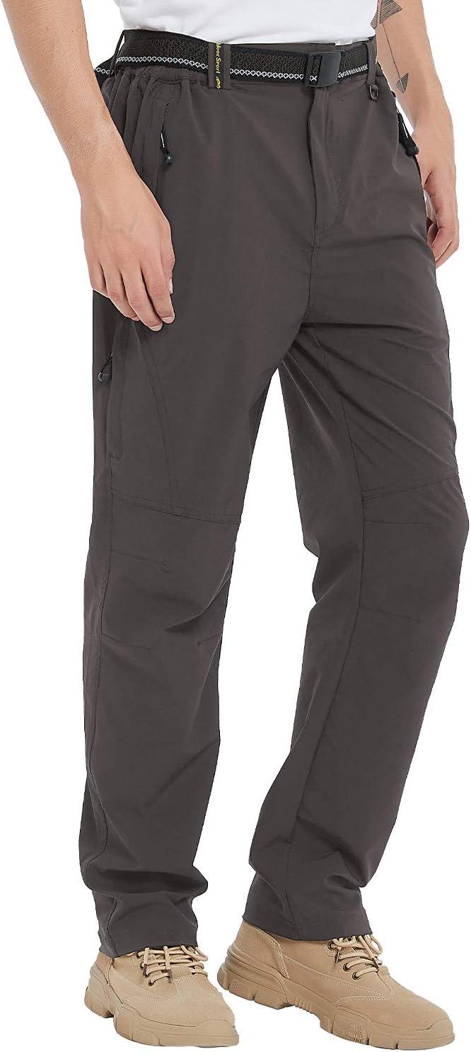 imageTBMPOY Mens Lightweight Hiking Pants with Belt 5 Zip Pockets Waterproof QuickDry Travel Fishing Work Outdoor PantsA9thin Brown