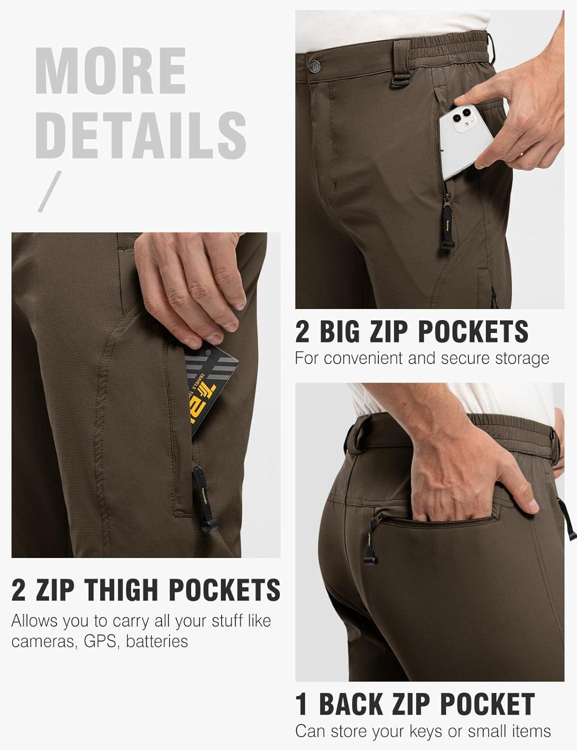 imageTBMPOY Mens Lightweight Hiking Pants with Belt 5 Zip Pockets Waterproof QuickDry Travel Fishing Work Outdoor PantsA9thin Brown