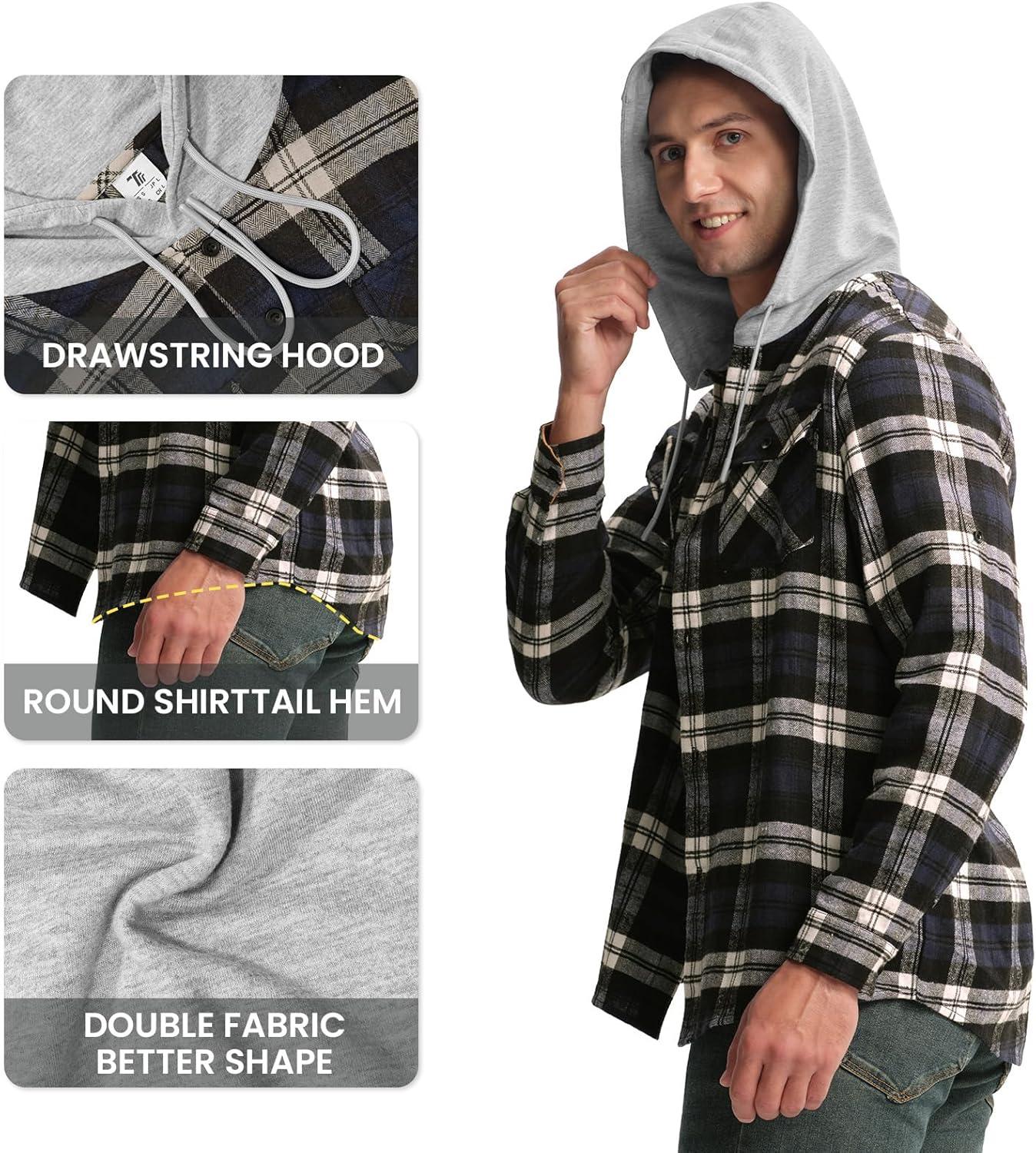 imageTBMPOY Mens Lightweight Hoodie Shirts Plaid Flannel Button Up Long Sleeve Pajamas with Pockets Hoodie Fall Casual OutfitsBlack Navy
