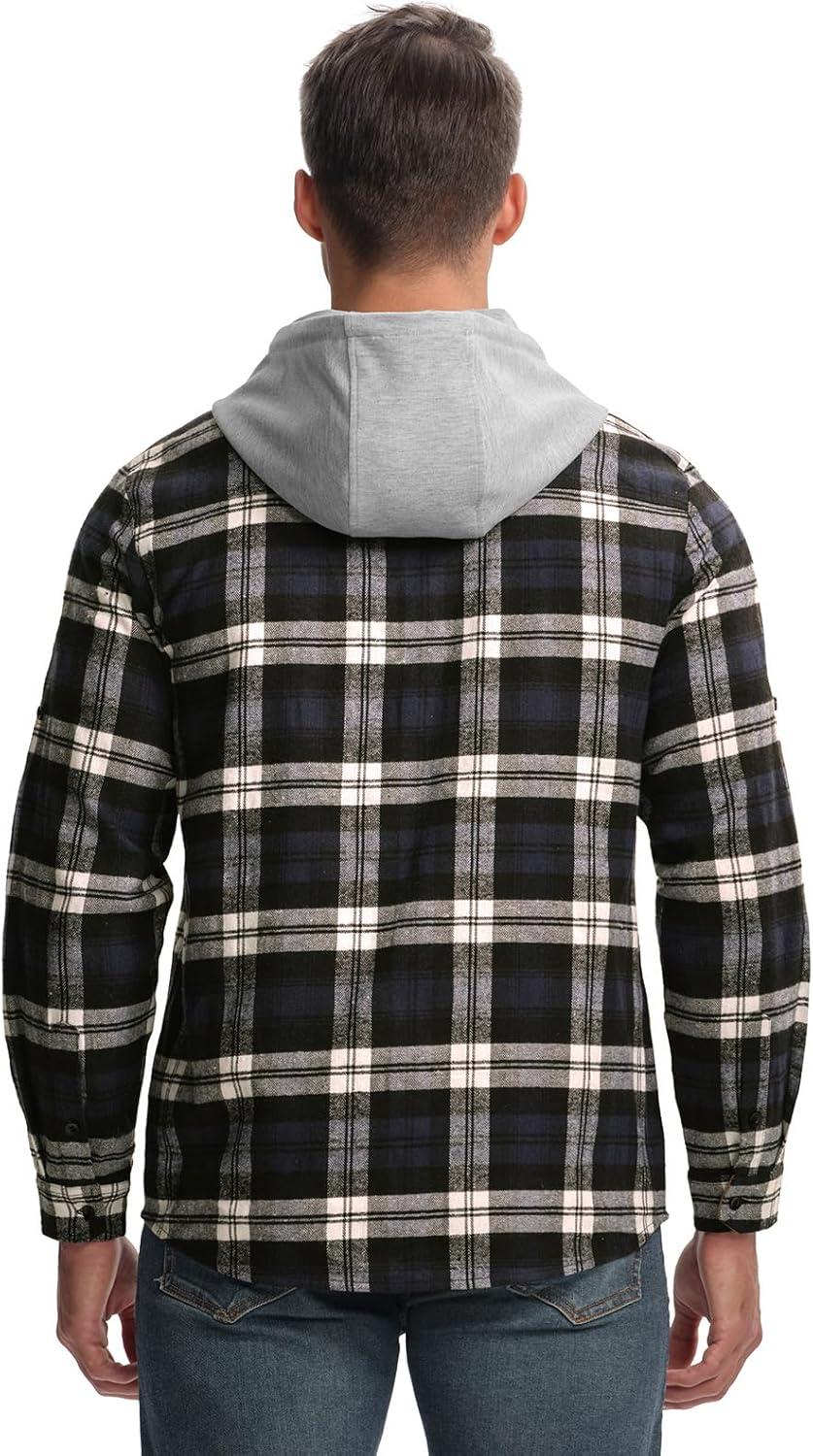 imageTBMPOY Mens Lightweight Hoodie Shirts Plaid Flannel Button Up Long Sleeve Pajamas with Pockets Hoodie Fall Casual OutfitsBlack Navy