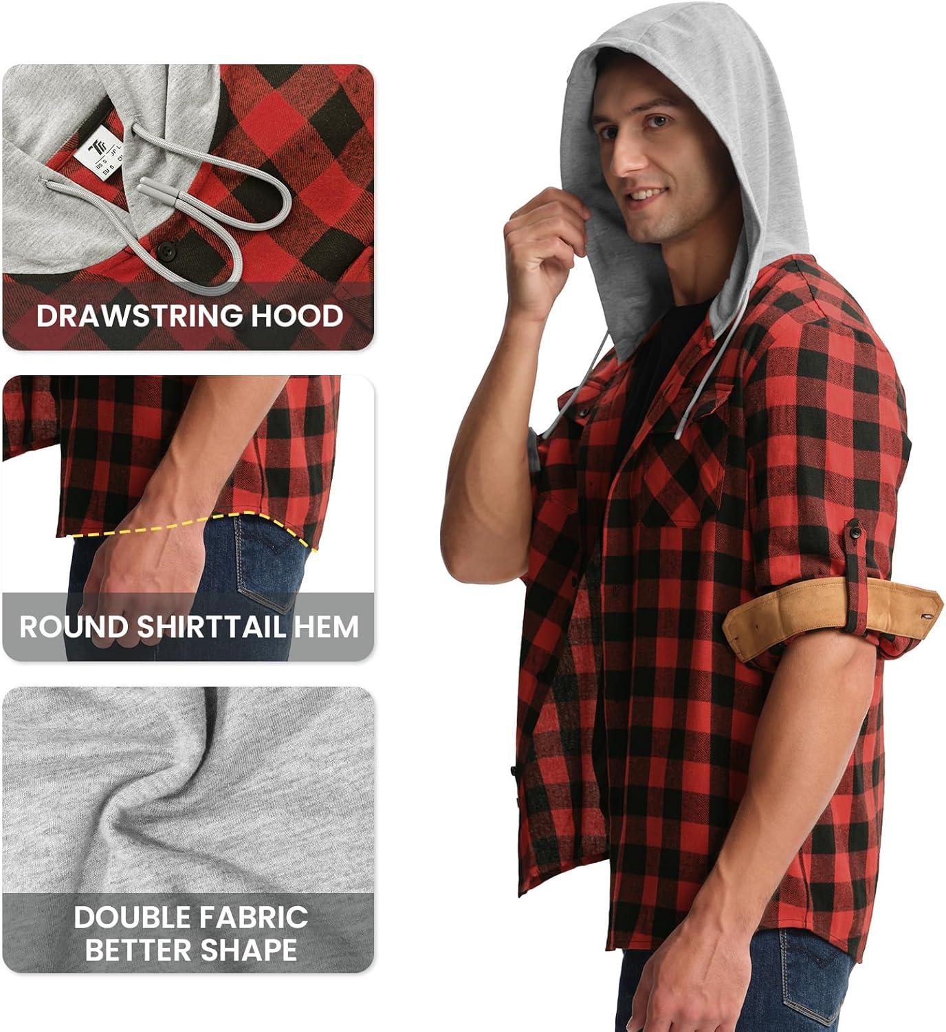 imageTBMPOY Mens Lightweight Hoodie Shirts Plaid Flannel Button Up Long Sleeve Pajamas with Pockets Hoodie Fall Casual OutfitsBlack Red