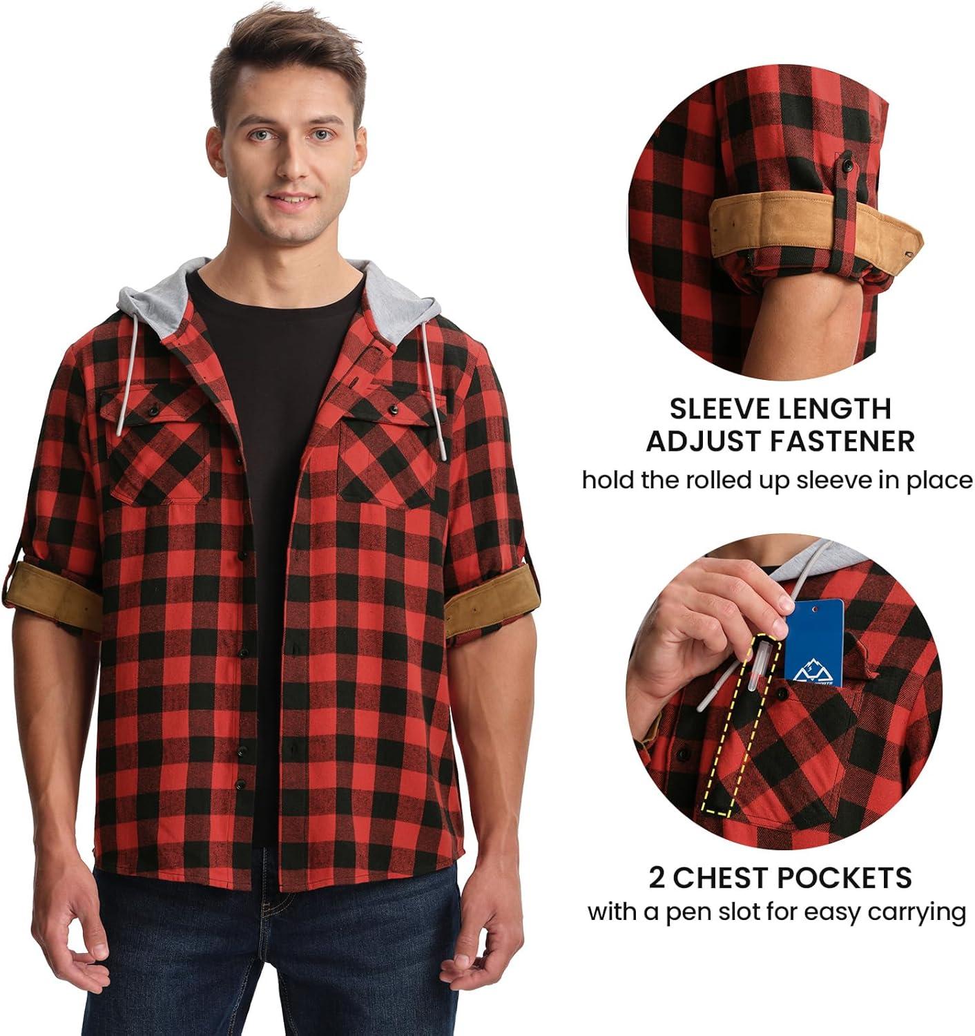 imageTBMPOY Mens Lightweight Hoodie Shirts Plaid Flannel Button Up Long Sleeve Pajamas with Pockets Hoodie Fall Casual OutfitsBlack Red
