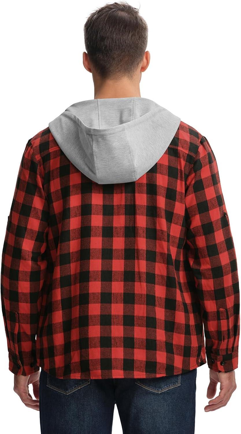 imageTBMPOY Mens Lightweight Hoodie Shirts Plaid Flannel Button Up Long Sleeve Pajamas with Pockets Hoodie Fall Casual OutfitsBlack Red