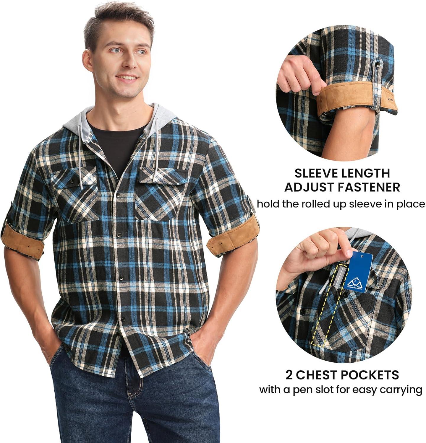 imageTBMPOY Mens Lightweight Hoodie Shirts Plaid Flannel Button Up Long Sleeve Pajamas with Pockets Hoodie Fall Casual OutfitsNavy Blue
