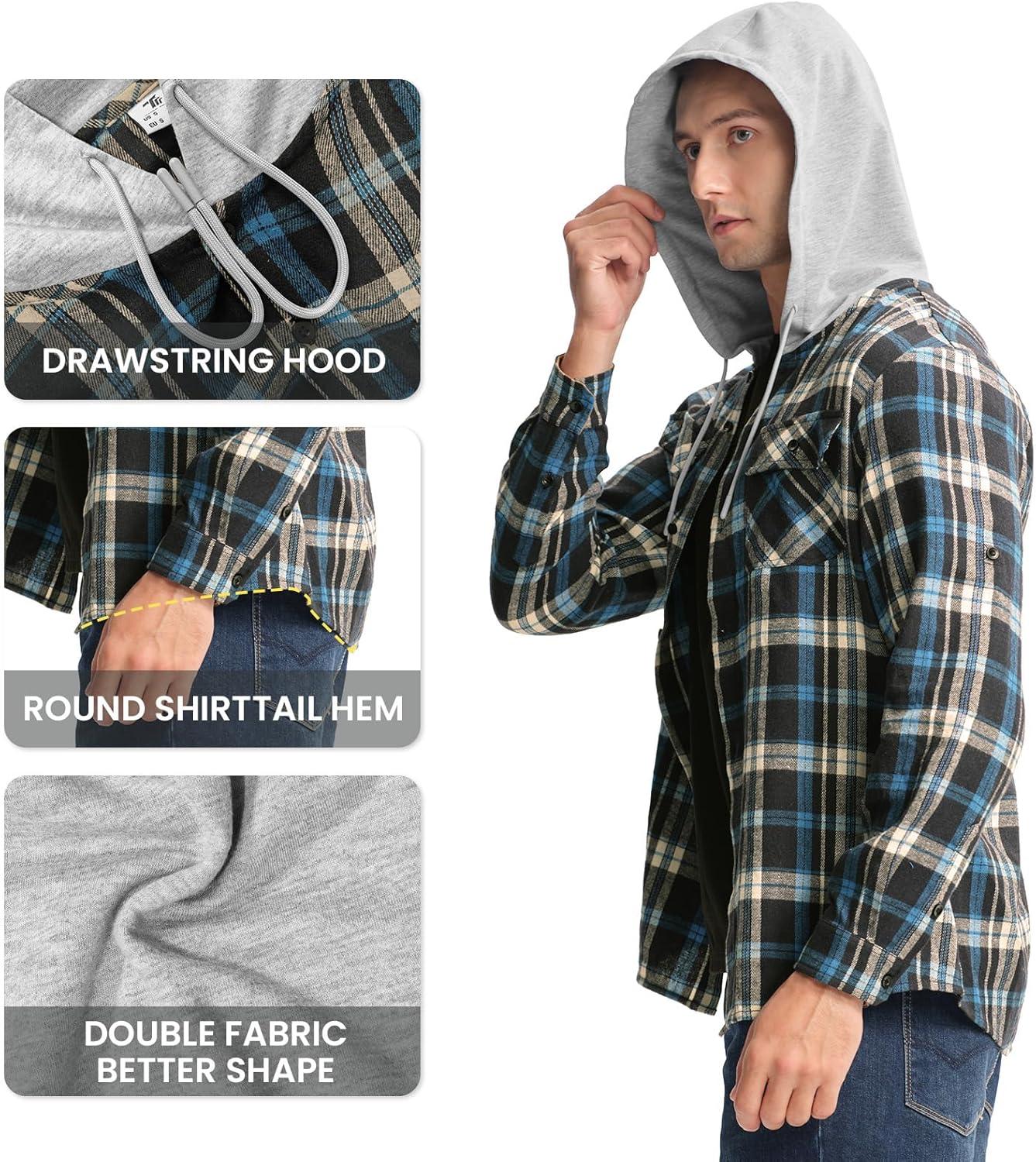 imageTBMPOY Mens Lightweight Hoodie Shirts Plaid Flannel Button Up Long Sleeve Pajamas with Pockets Hoodie Fall Casual OutfitsNavy Blue