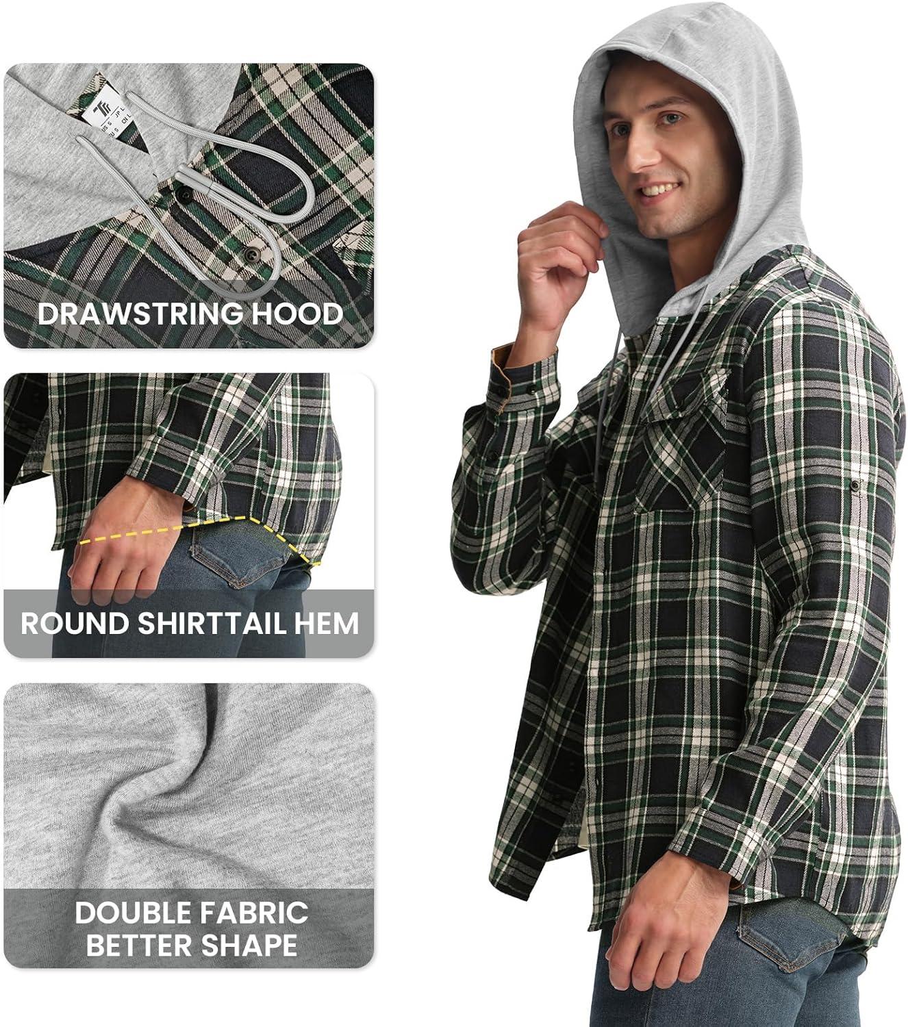 imageTBMPOY Mens Lightweight Hoodie Shirts Plaid Flannel Button Up Long Sleeve Pajamas with Pockets Hoodie Fall Casual OutfitsNavy Green