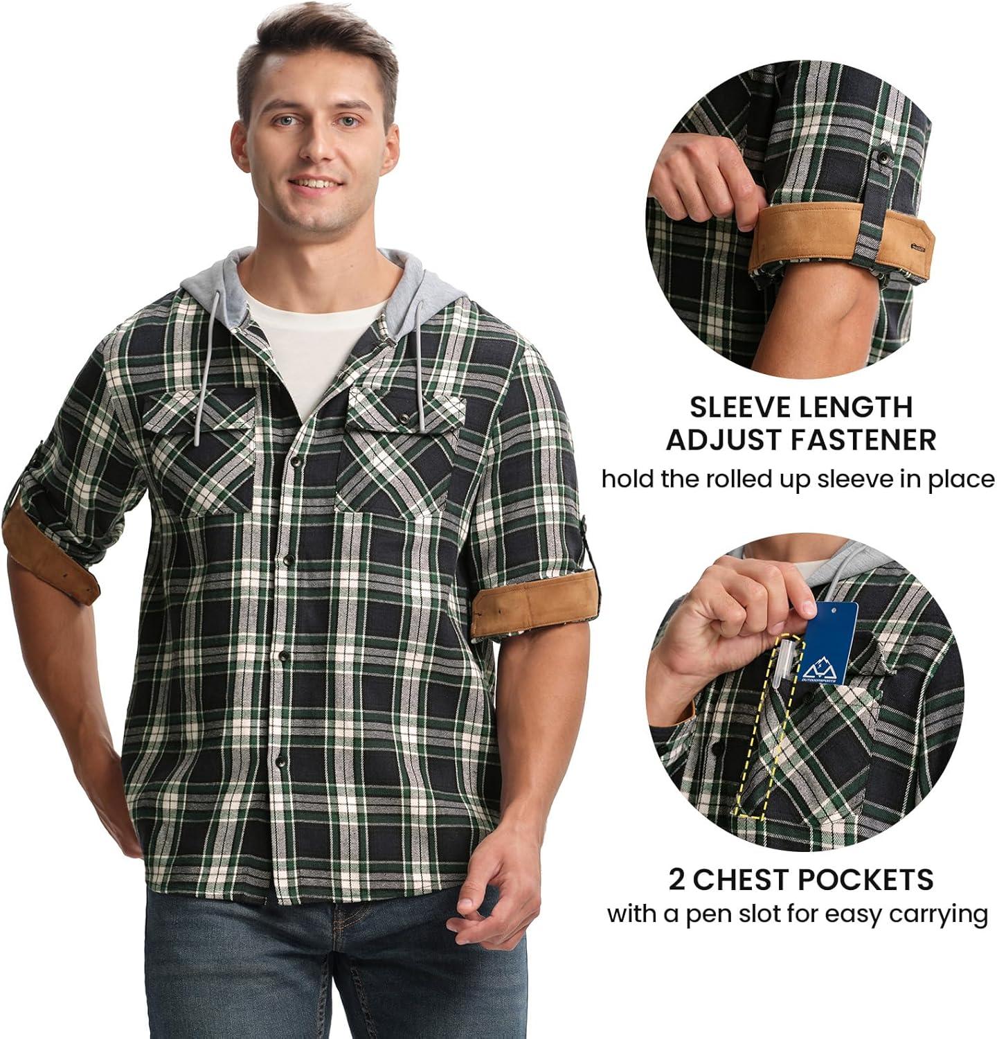 imageTBMPOY Mens Lightweight Hoodie Shirts Plaid Flannel Button Up Long Sleeve Pajamas with Pockets Hoodie Fall Casual OutfitsNavy Green