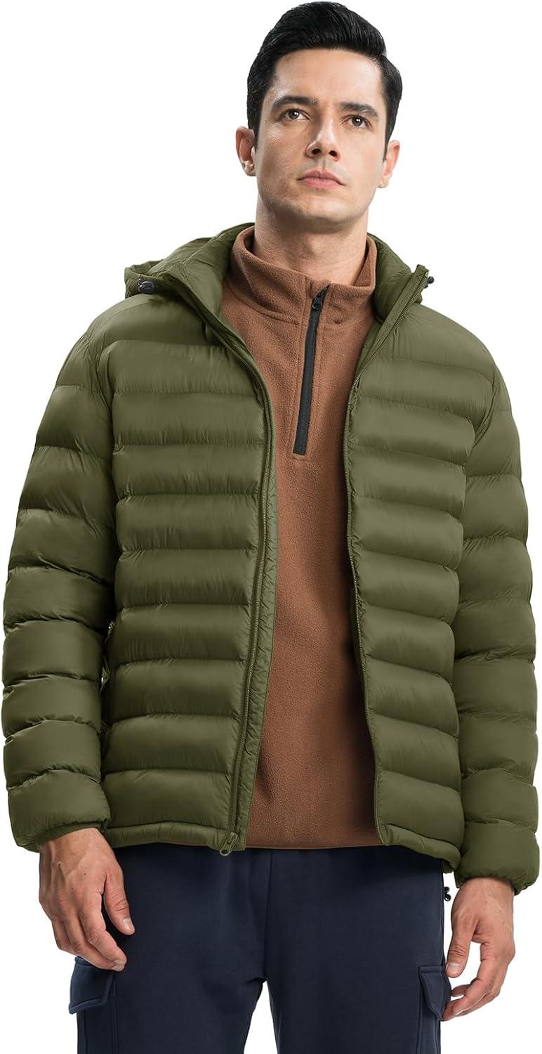 imageTBMPOY Mens Lightweight Puffer Jackets Detachable Hood WaterResistant Casual Winter Coat Hooded Insulated for Travel SkiArmy Green