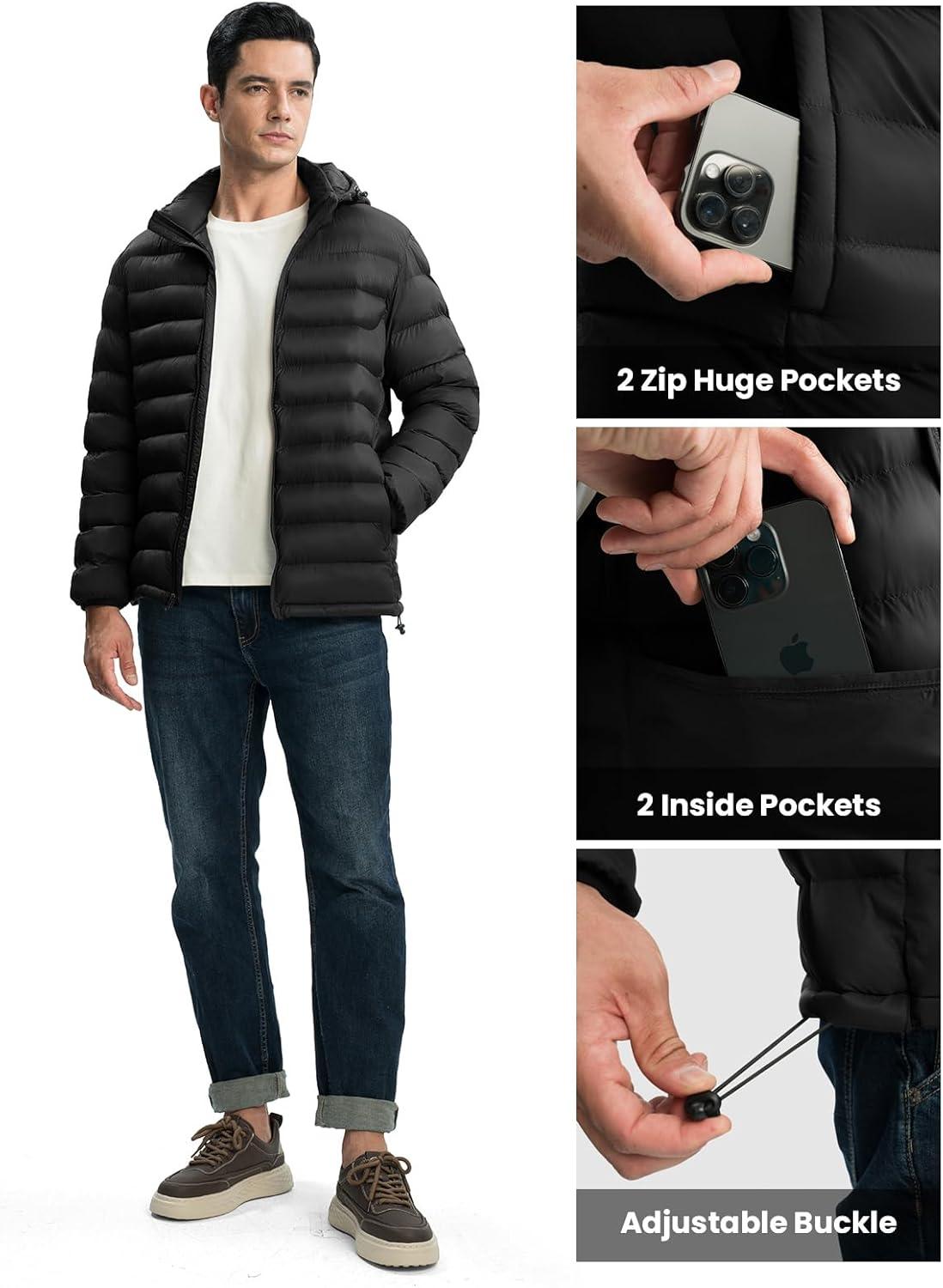 imageTBMPOY Mens Lightweight Puffer Jackets Detachable Hood WaterResistant Casual Winter Coat Hooded Insulated for Travel SkiBlack
