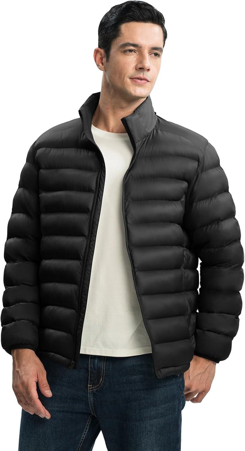 imageTBMPOY Mens Lightweight Puffer Jackets Detachable Hood WaterResistant Casual Winter Coat Hooded Insulated for Travel SkiBlack