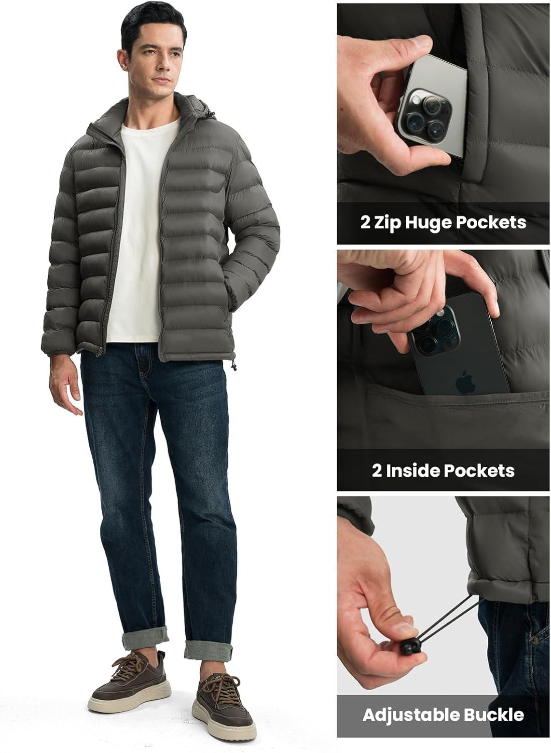 imageTBMPOY Mens Lightweight Puffer Jackets Detachable Hood WaterResistant Casual Winter Coat Hooded Insulated for Travel SkiDark Grey
