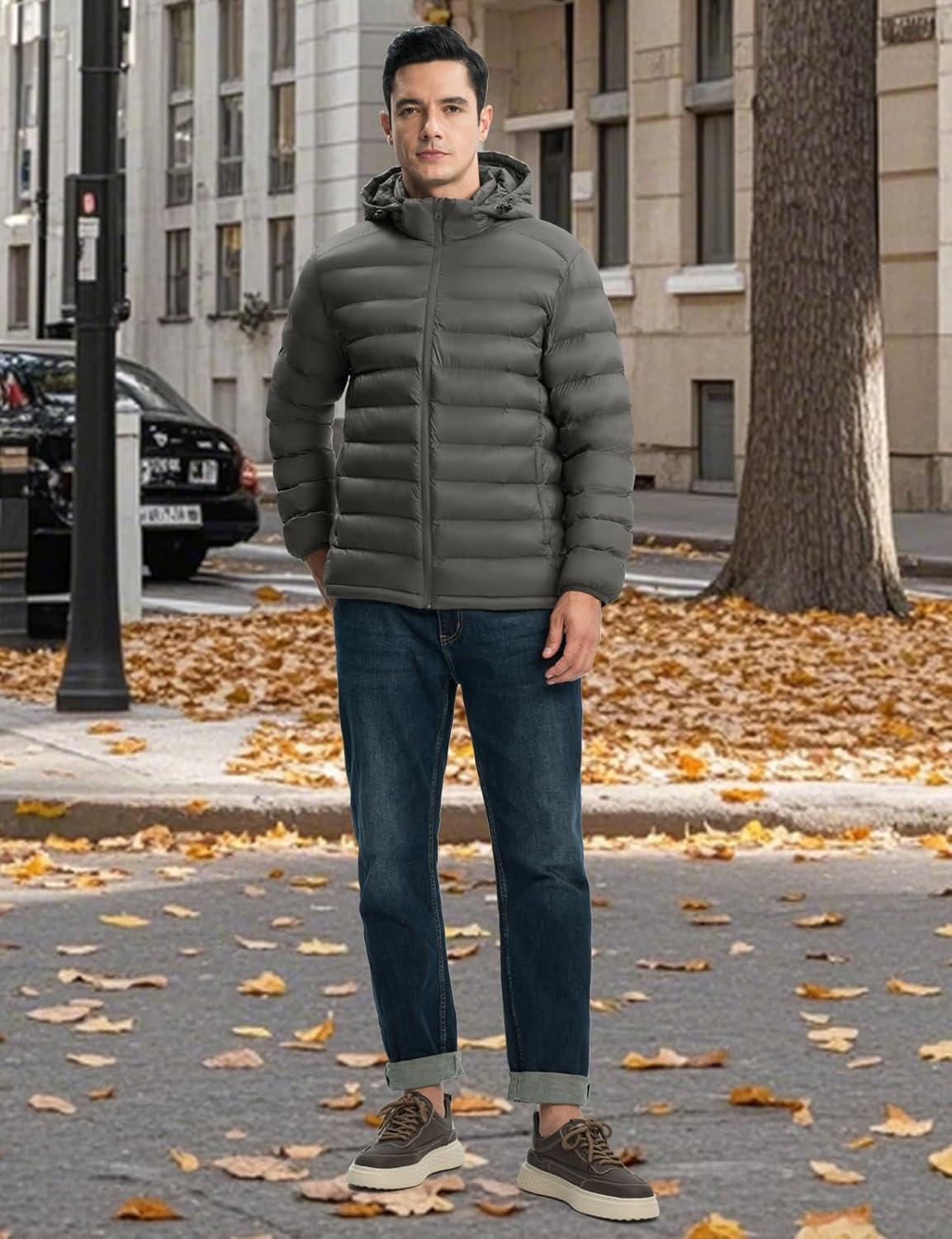 imageTBMPOY Mens Lightweight Puffer Jackets Detachable Hood WaterResistant Casual Winter Coat Hooded Insulated for Travel SkiDark Grey