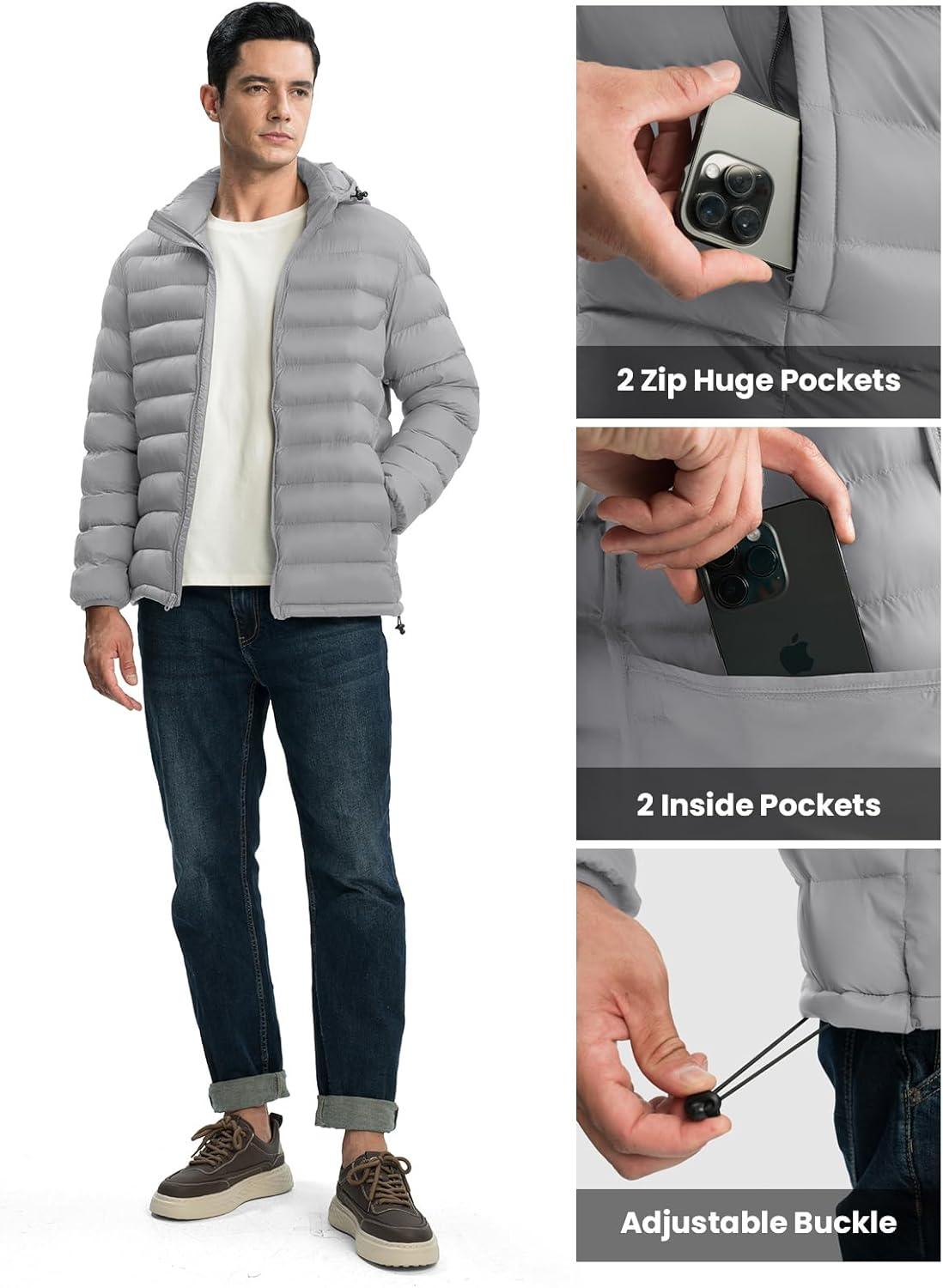 imageTBMPOY Mens Lightweight Puffer Jackets Detachable Hood WaterResistant Casual Winter Coat Hooded Insulated for Travel SkiLight Grey
