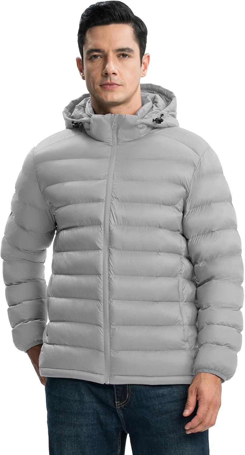 imageTBMPOY Mens Lightweight Puffer Jackets Detachable Hood WaterResistant Casual Winter Coat Hooded Insulated for Travel SkiLight Grey
