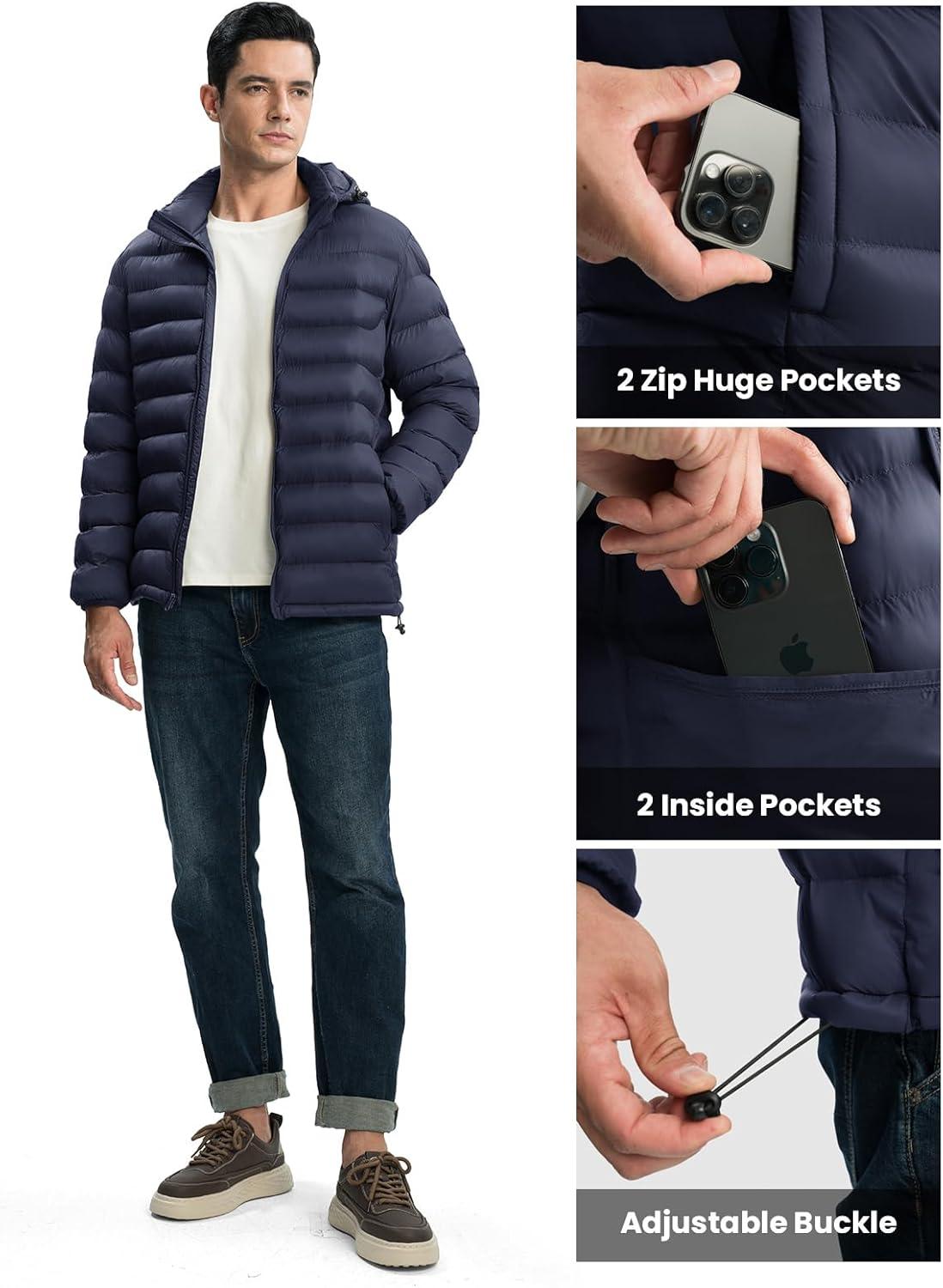imageTBMPOY Mens Lightweight Puffer Jackets Detachable Hood WaterResistant Casual Winter Coat Hooded Insulated for Travel SkiNavy