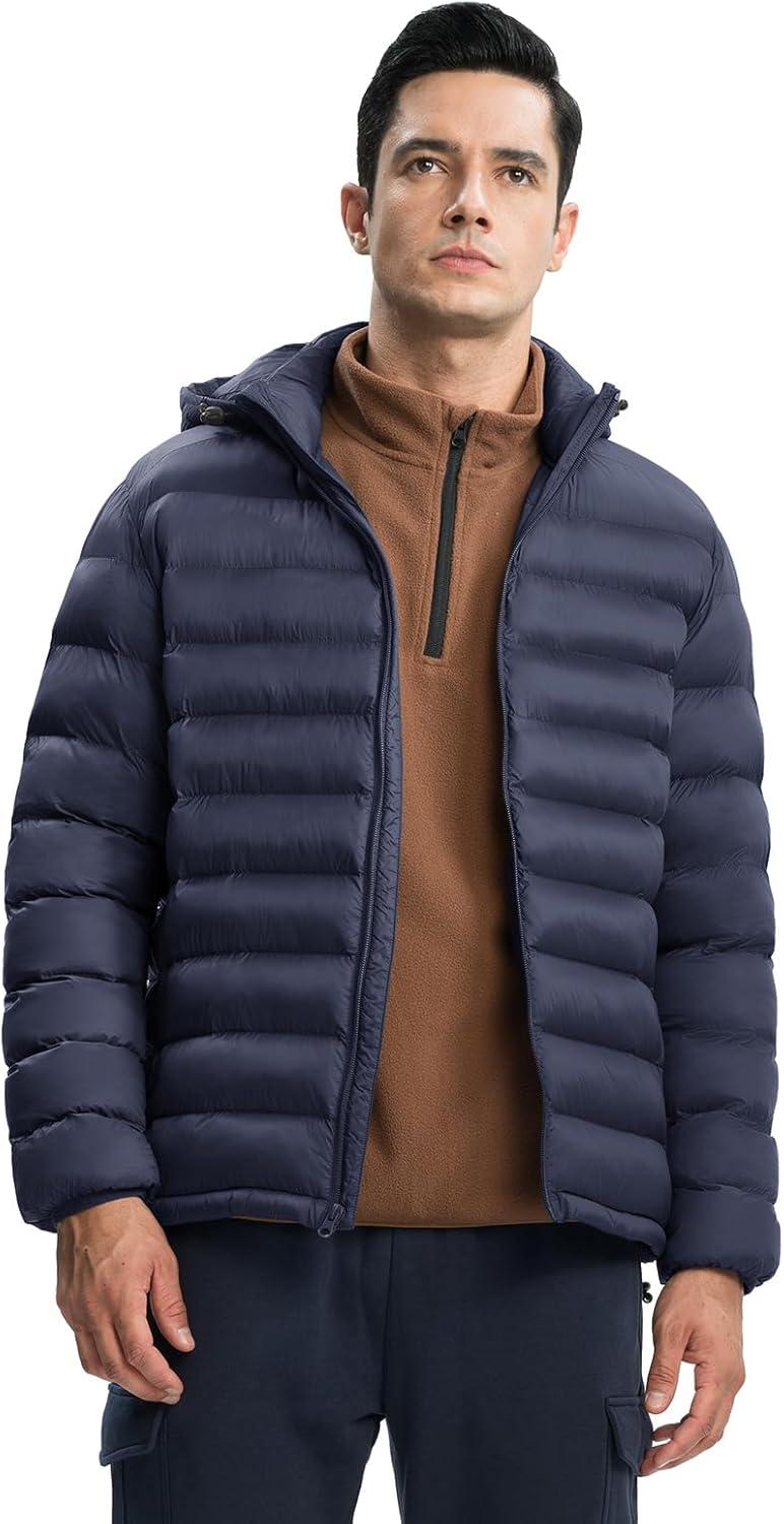 imageTBMPOY Mens Lightweight Puffer Jackets Detachable Hood WaterResistant Casual Winter Coat Hooded Insulated for Travel SkiNavy