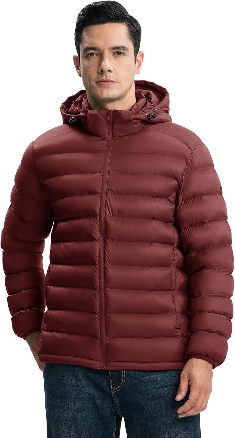 imageTBMPOY Mens Lightweight Puffer Jackets Detachable Hood WaterResistant Casual Winter Coat Hooded Insulated for Travel SkiWine Red