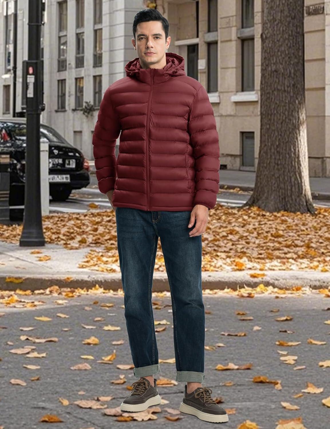 imageTBMPOY Mens Lightweight Puffer Jackets Detachable Hood WaterResistant Casual Winter Coat Hooded Insulated for Travel SkiWine Red