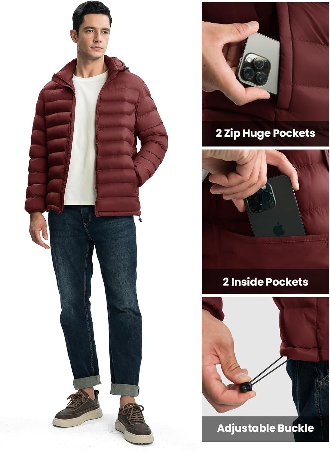 imageTBMPOY Mens Lightweight Puffer Jackets Detachable Hood WaterResistant Casual Winter Coat Hooded Insulated for Travel SkiWine Red