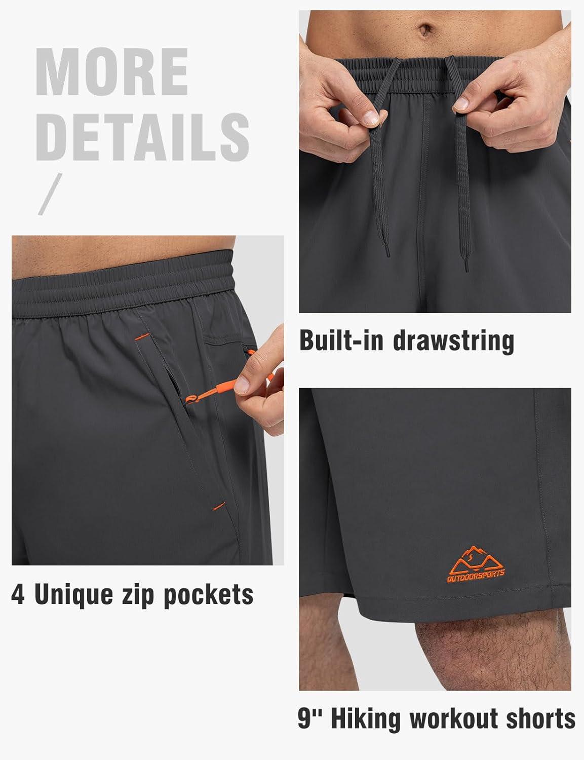 imageTBMPOY Mens Shorts 9quot Hiking Running Shorts Zipper Pockets Athletic Outdoor Sports Gym Workout Short 4 PocketsDark Grey