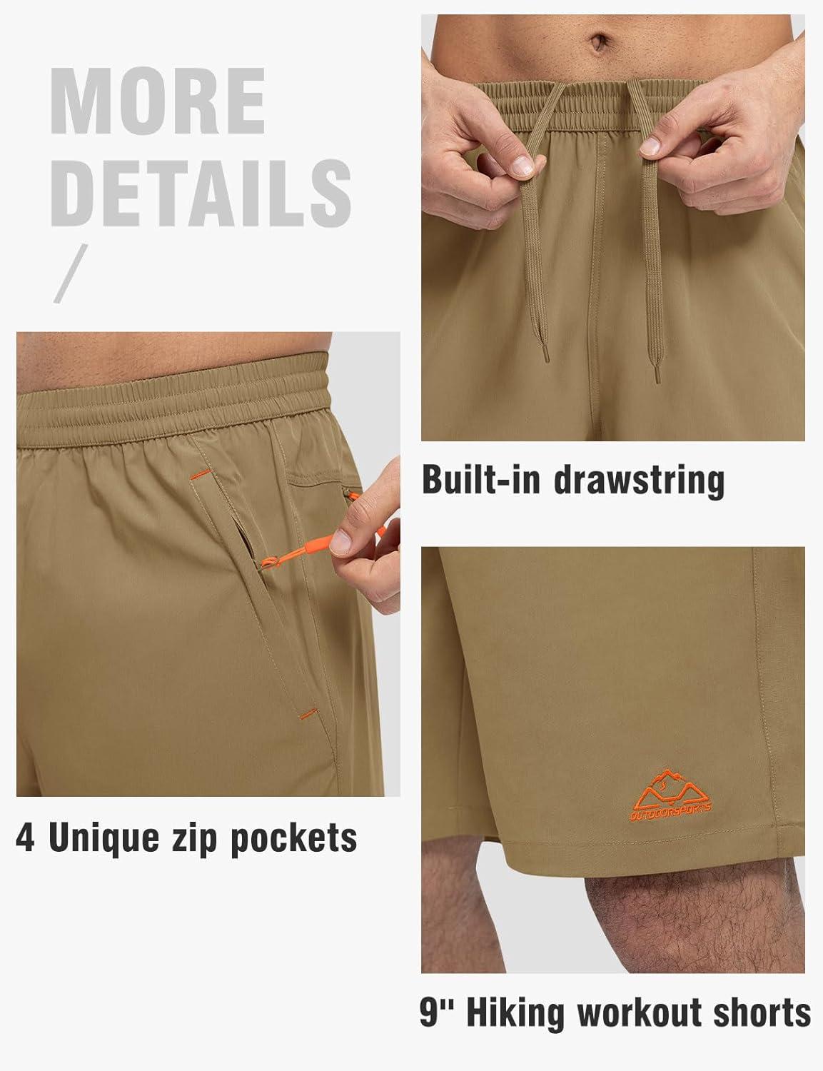 imageTBMPOY Mens Shorts 9quot Hiking Running Shorts Zipper Pockets Athletic Outdoor Sports Gym Workout Short 4 PocketsKhaki