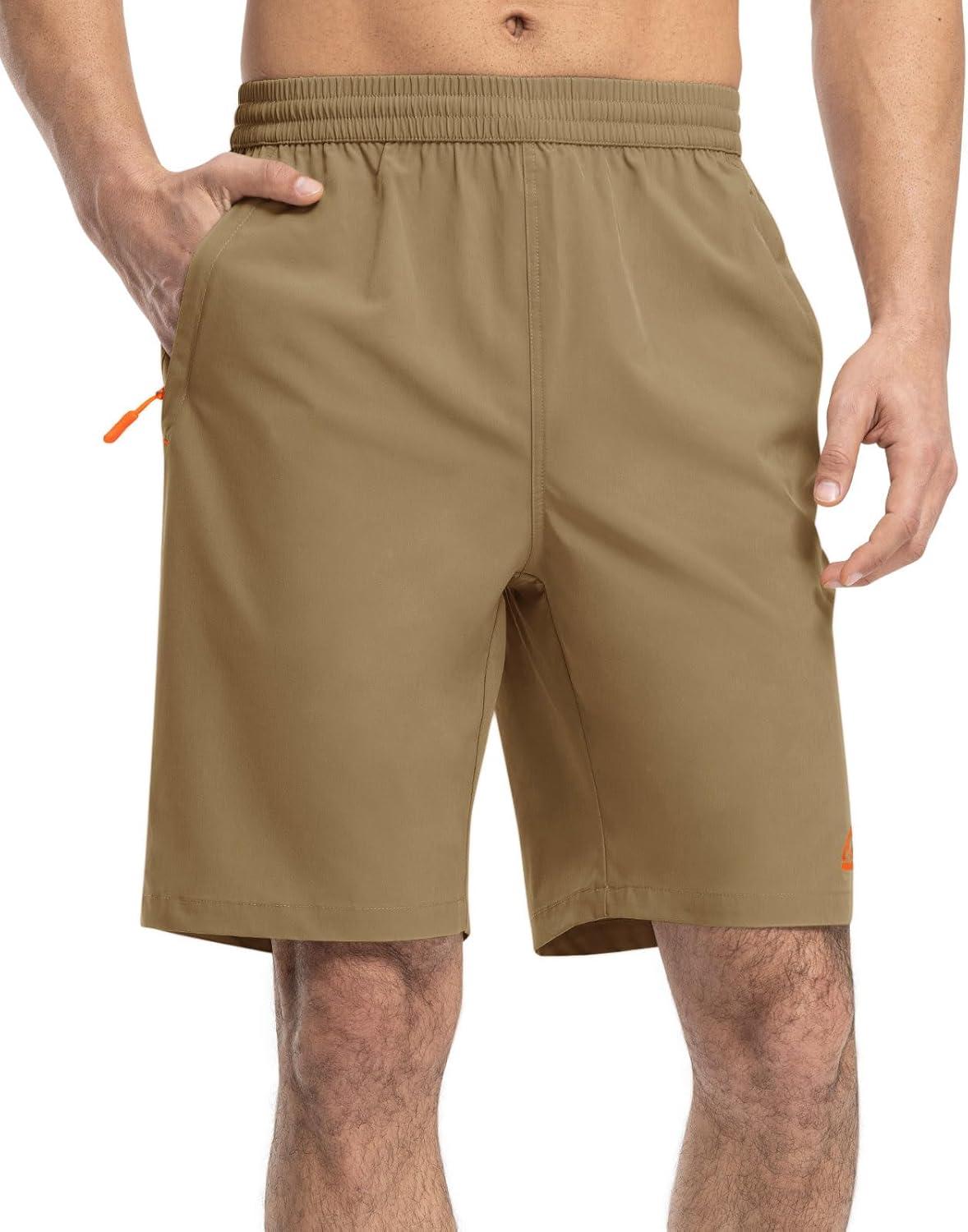 imageTBMPOY Mens Shorts 9quot Hiking Running Shorts Zipper Pockets Athletic Outdoor Sports Gym Workout Short 4 PocketsKhaki
