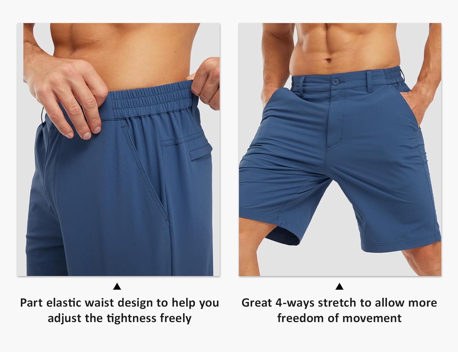 imageTBMPOY Mens Shorts Golf 9quot Casual Elastic Waist Quick Dry Flat Front Travel Shorts with 5 PocketsDenim Blue