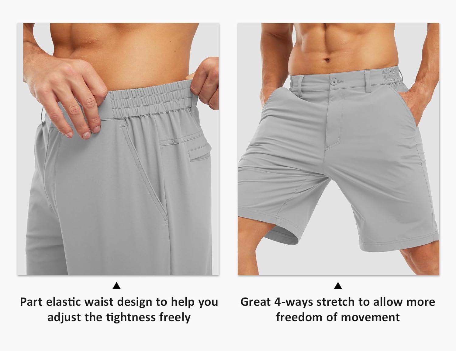 imageTBMPOY Mens Shorts Golf 9quot Casual Elastic Waist Quick Dry Flat Front Travel Shorts with 5 PocketsLight Grey