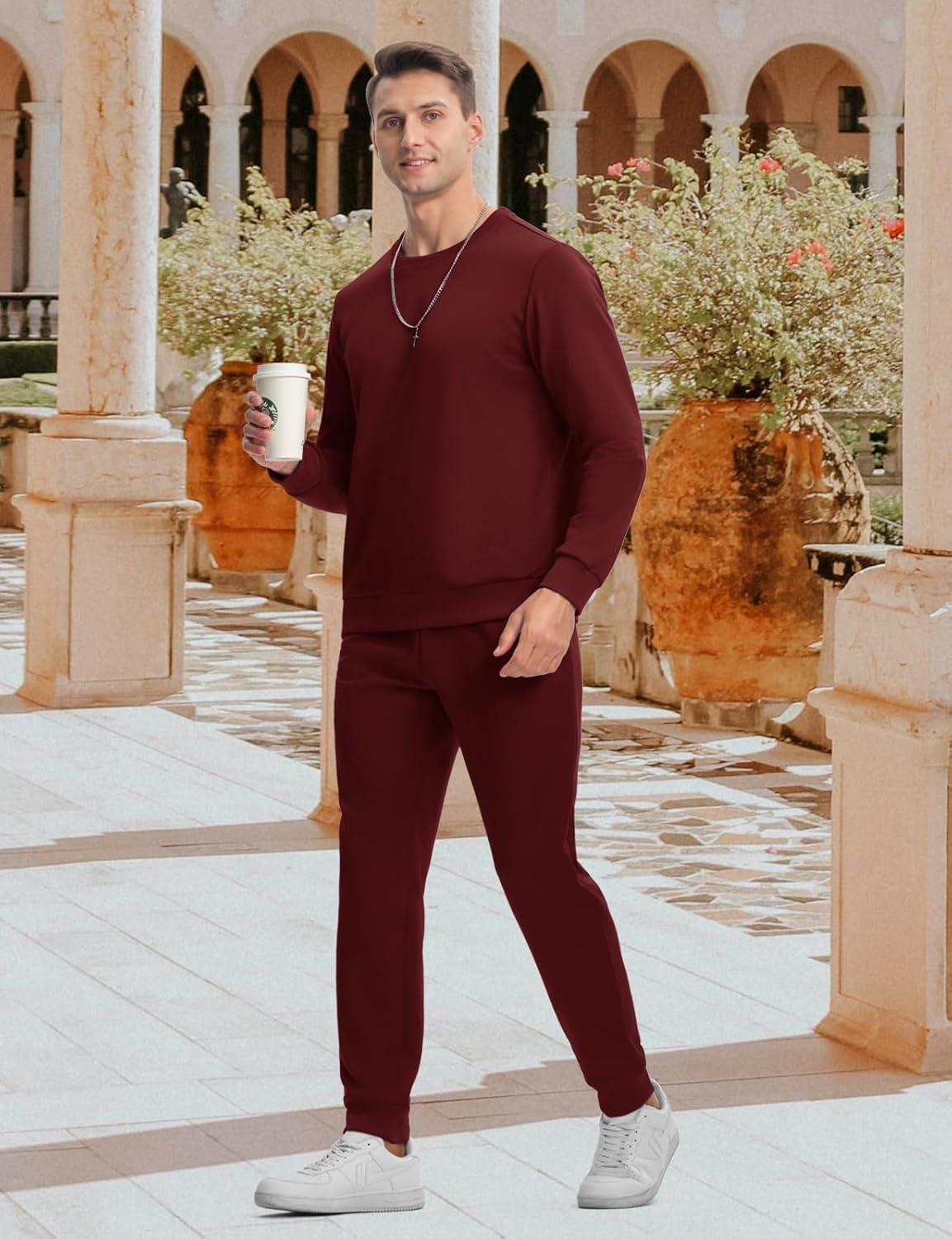 imageTBMPOY Mens Sweatsuits 2 Piece Set Tracksuits Jogging Outfits Long Sleeve Tops Jogger Pants Sweat Track Suits Casual AthleticWine Red
