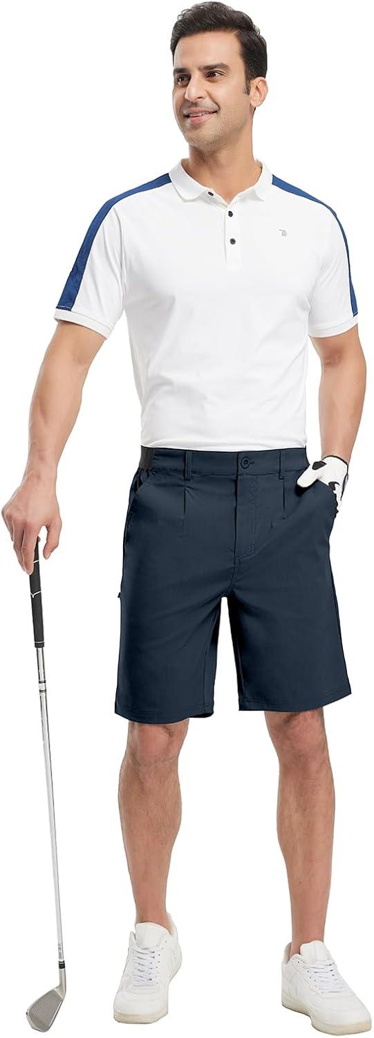 imageTBMPOY Mens Work Dress Shorts Golf Stretch Waistband Summer Pleated Casual Business Dressy Short for Men with PocketsNavy