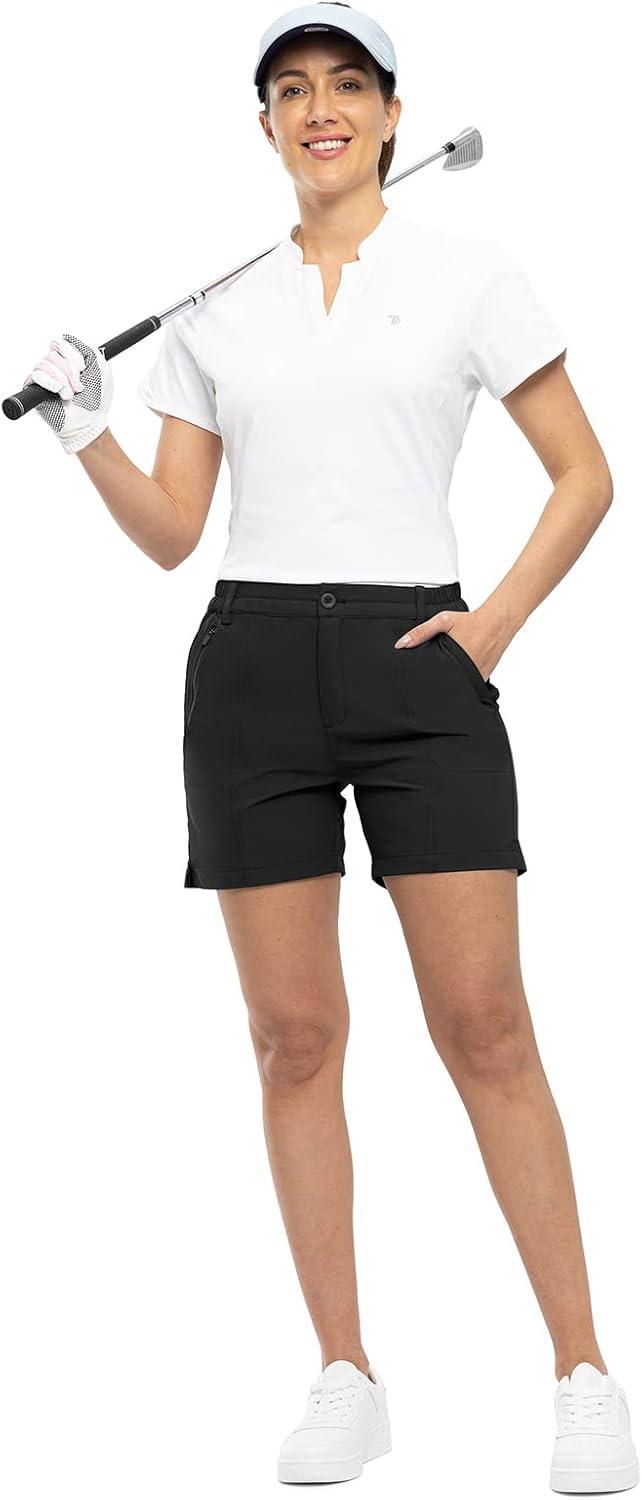 imageTBMPOY Womens 5 Golf Hiking Shorts Quick Dry with 5 Pockets Stretch Athletic Casual Summer Trip Water Resistant Black L