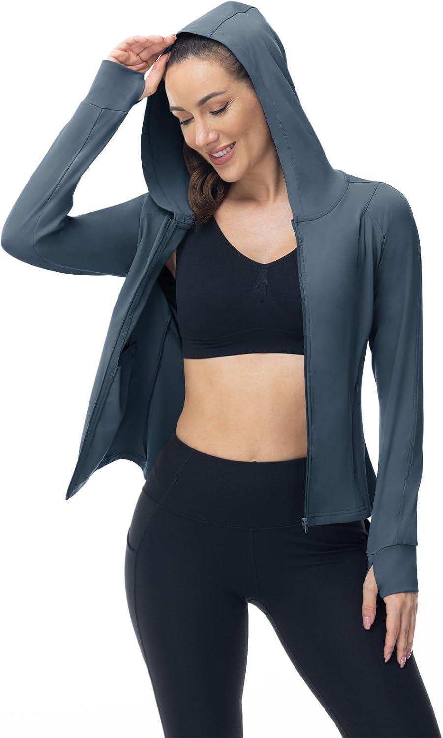 imageTBMPOY Womens Full Zip Hoodie Lightweight Athletic Jackets Slim Fit Workout Track Running Jacket with Thumb HolesGrey Blue