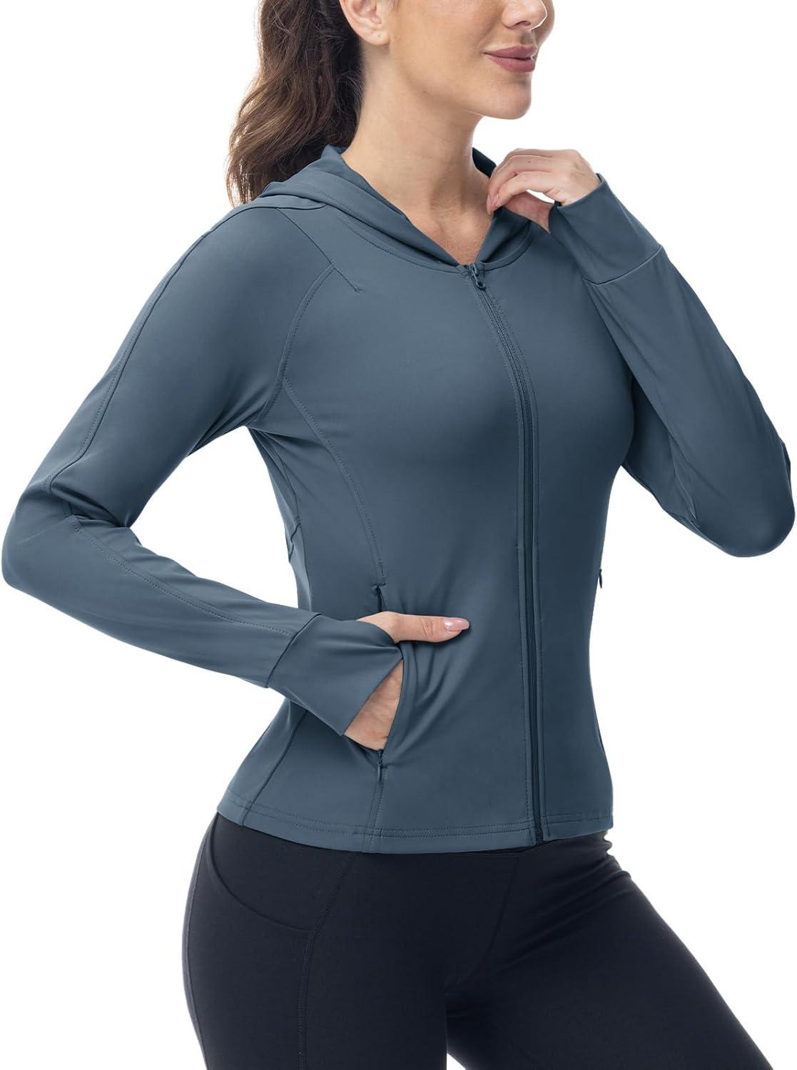 imageTBMPOY Womens Full Zip Hoodie Lightweight Athletic Jackets Slim Fit Workout Track Running Jacket with Thumb HolesGrey Blue