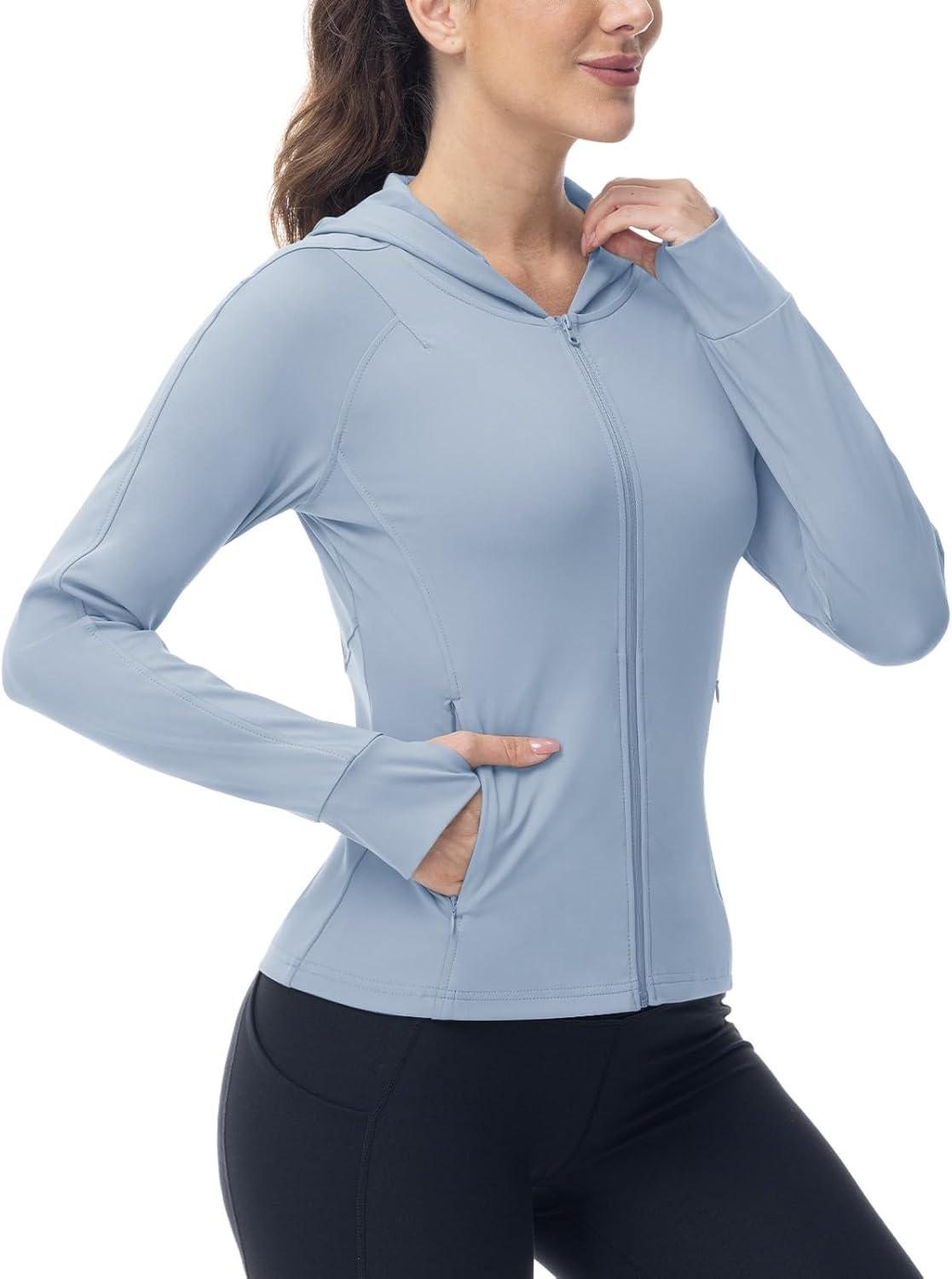 imageTBMPOY Womens Full Zip Hoodie Lightweight Athletic Jackets Slim Fit Workout Track Running Jacket with Thumb HolesLight Blue