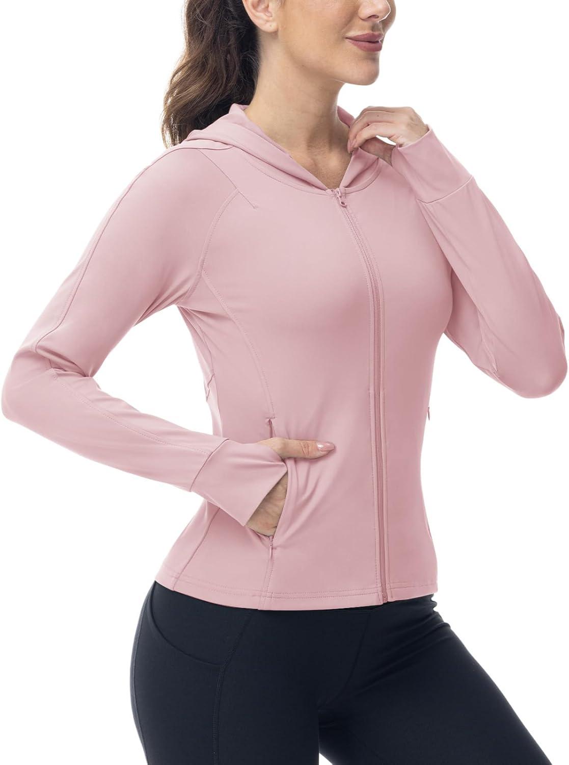 imageTBMPOY Womens Full Zip Hoodie Lightweight Athletic Jackets Slim Fit Workout Track Running Jacket with Thumb HolesPink