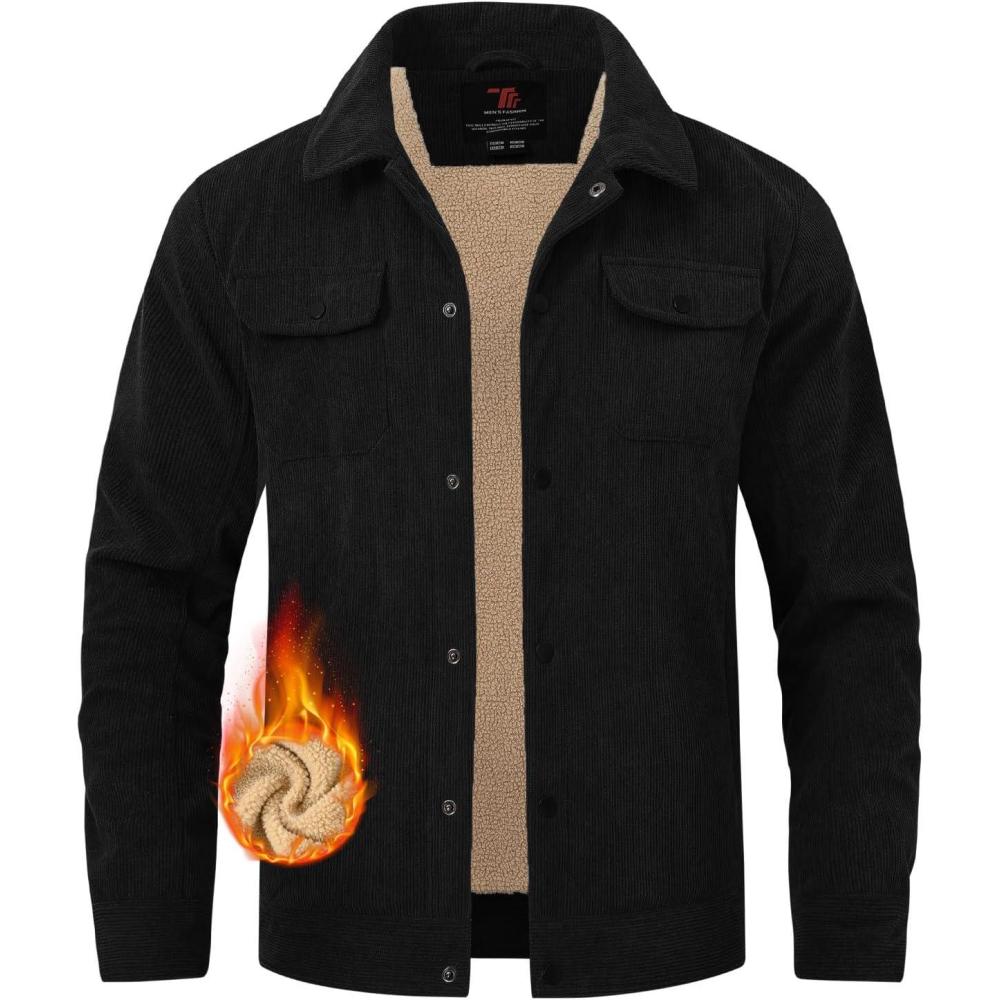 imageTBMPOY Mens Corduroy Jacket Sherpa Fleece Lined Jackets Warm Winter Trucker Work Casual Hiking Coat with 5 PocketsBlack
