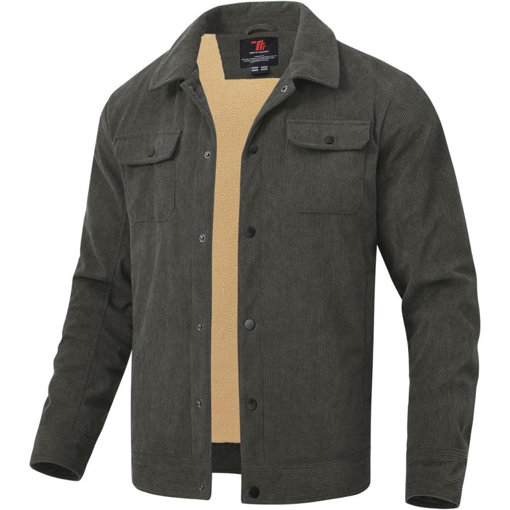 imageTBMPOY Mens Corduroy Jacket Sherpa Fleece Lined Jackets Warm Winter Trucker Work Casual Hiking Coat with 5 PocketsDark Grey