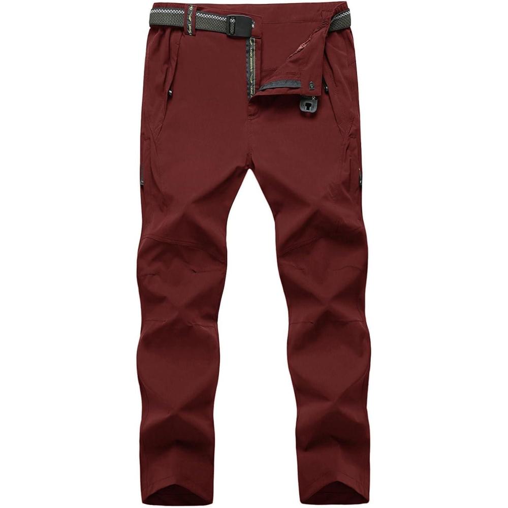 imageTBMPOY Mens Lightweight Hiking Pants with Belt 5 Zip Pockets Waterproof QuickDry Travel Fishing Work Outdoor PantsA10thin Wine Red