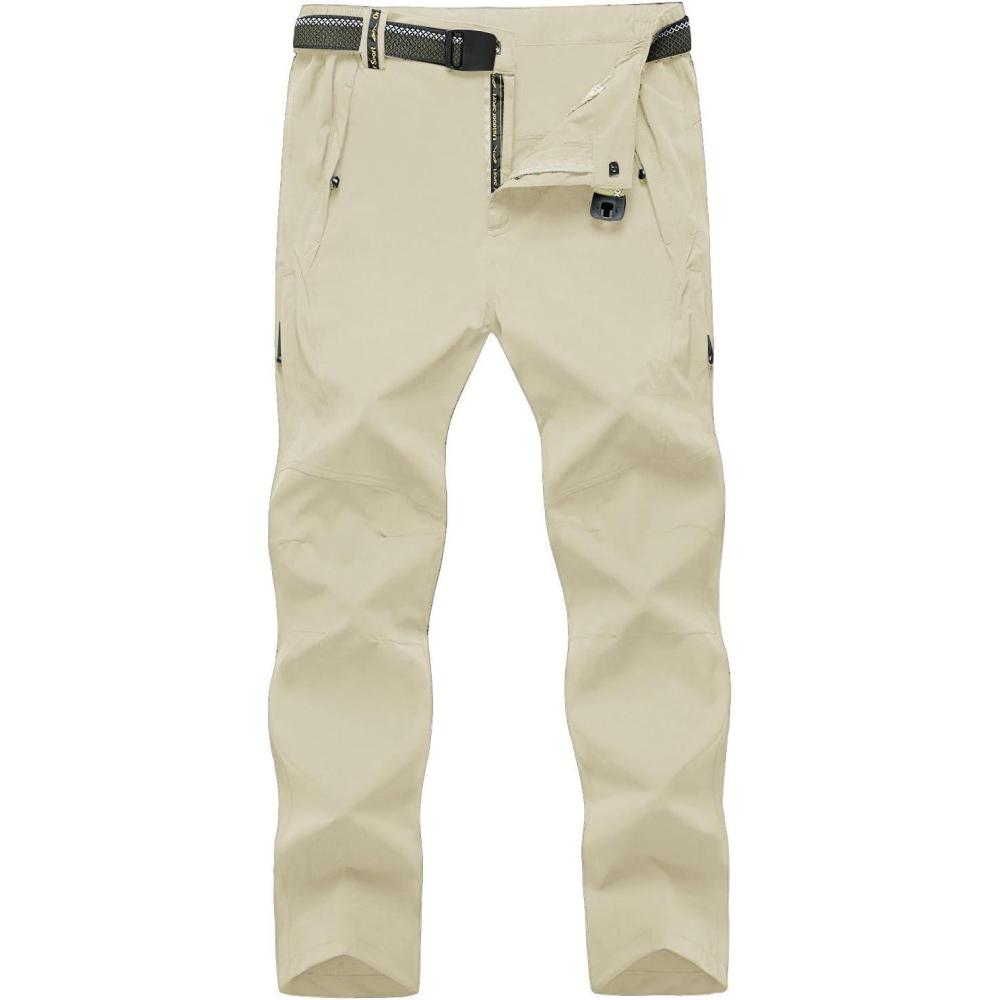 imageTBMPOY Mens Lightweight Hiking Pants with Belt 5 Zip Pockets Waterproof QuickDry Travel Fishing Work Outdoor PantsA11thin Creamy White