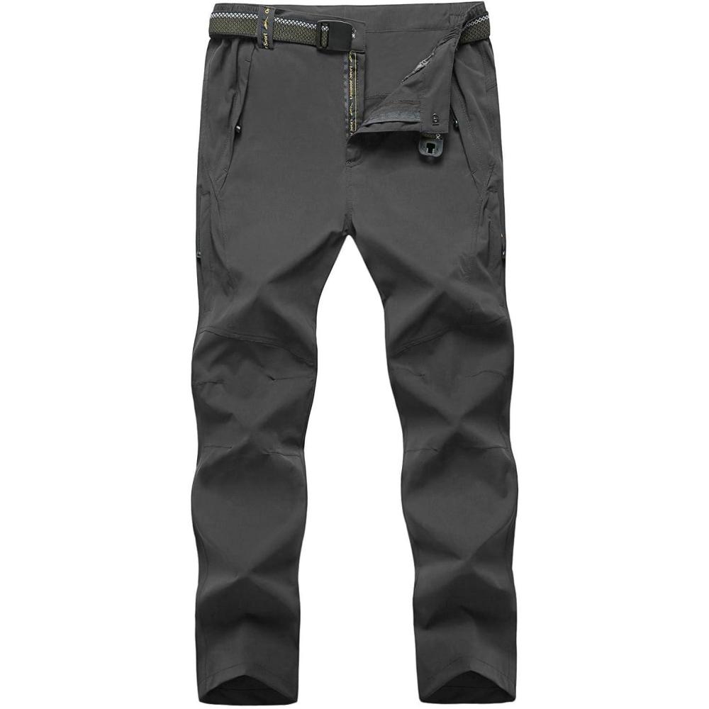 imageTBMPOY Mens Lightweight Hiking Pants with Belt 5 Zip Pockets Waterproof QuickDry Travel Fishing Work Outdoor PantsA1thin Dark Grey