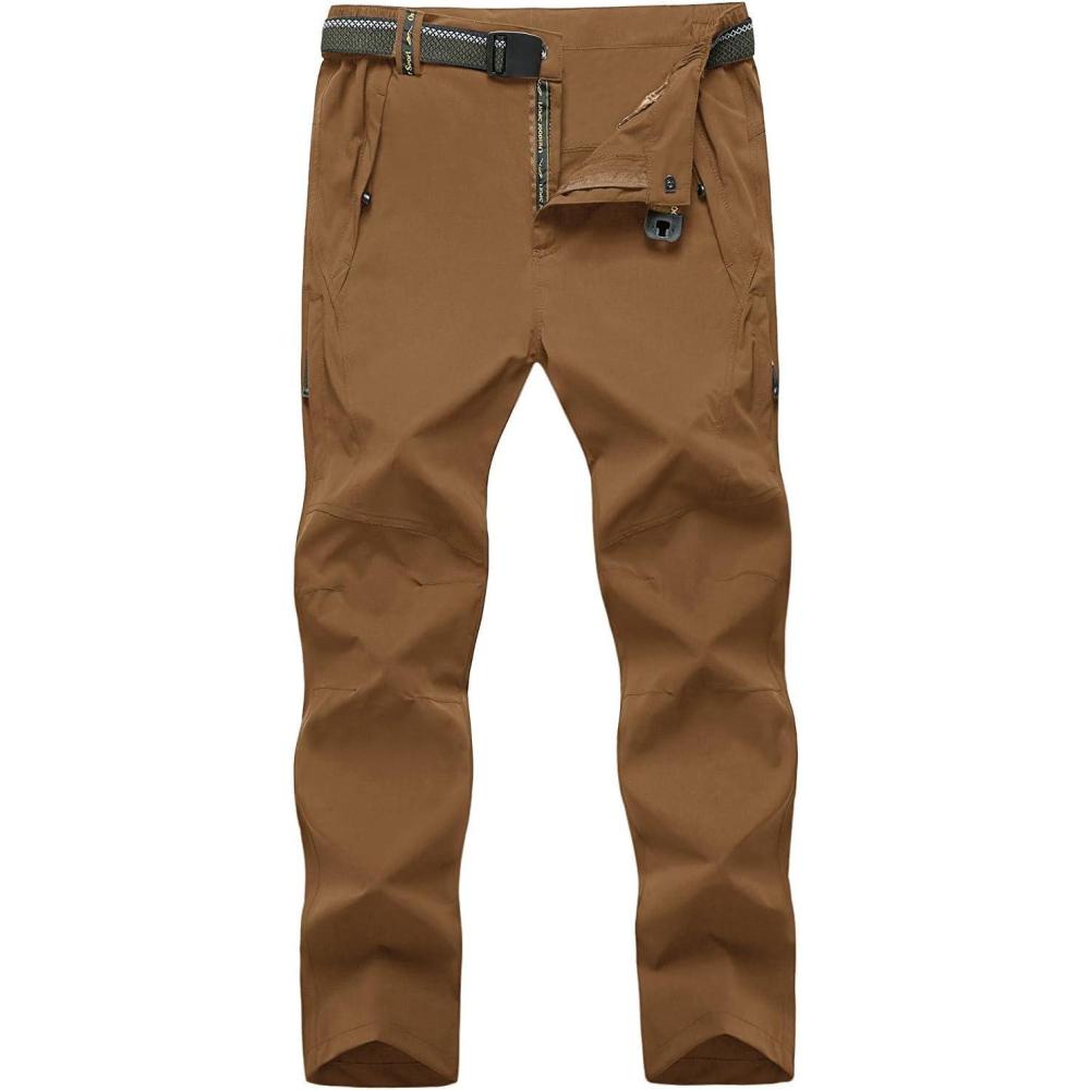 imageTBMPOY Mens Lightweight Hiking Pants with Belt 5 Zip Pockets Waterproof QuickDry Travel Fishing Work Outdoor PantsA21light Brown