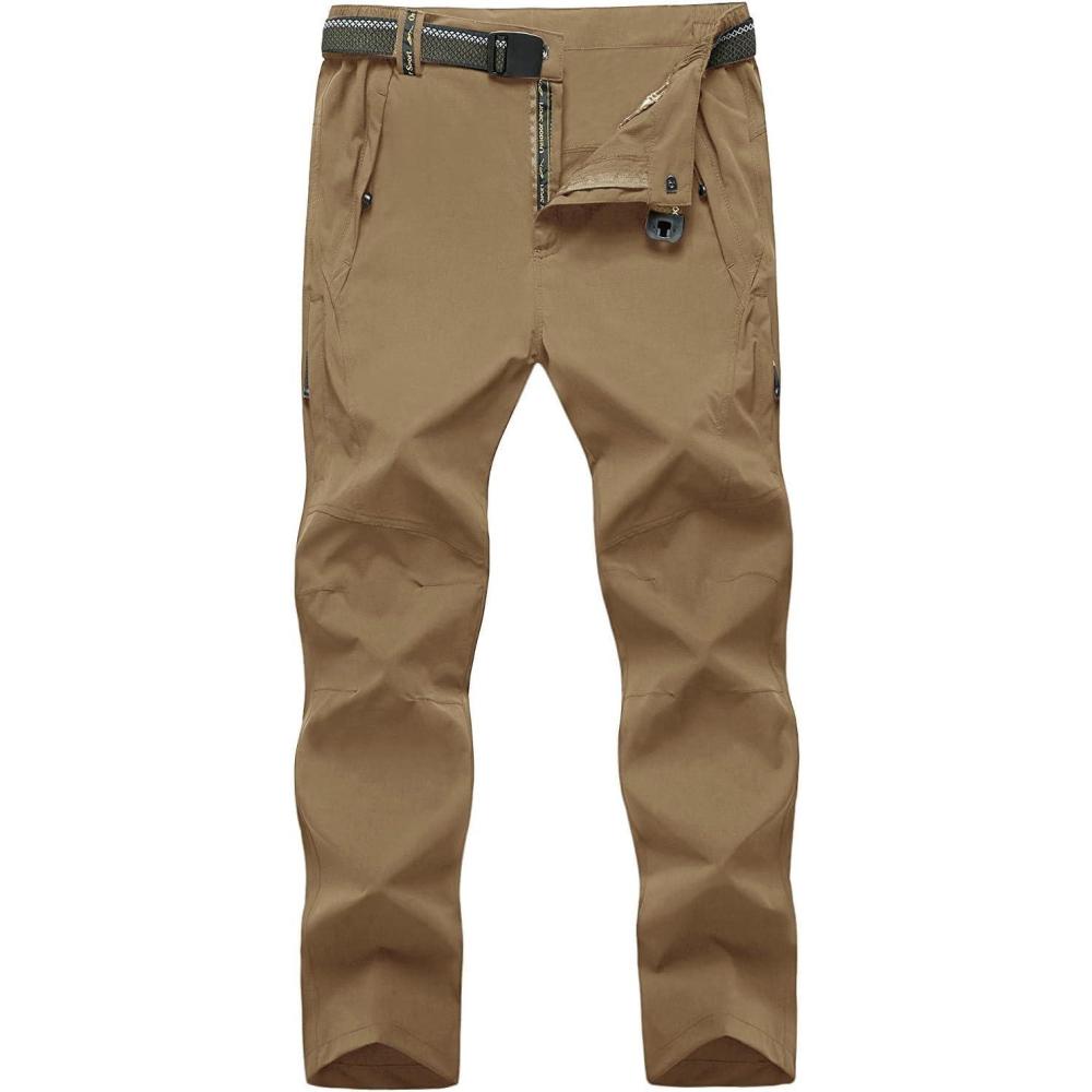 imageTBMPOY Mens Lightweight Hiking Pants with Belt 5 Zip Pockets Waterproof QuickDry Travel Fishing Work Outdoor PantsA22light Brown
