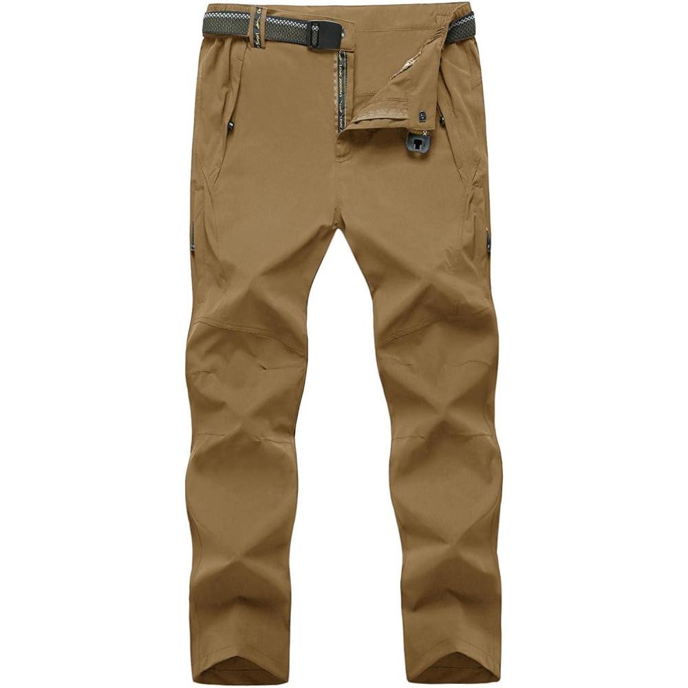 imageTBMPOY Mens Lightweight Hiking Pants with Belt 5 Zip Pockets Waterproof QuickDry Travel Fishing Work Outdoor PantsA27thin Light Coffee