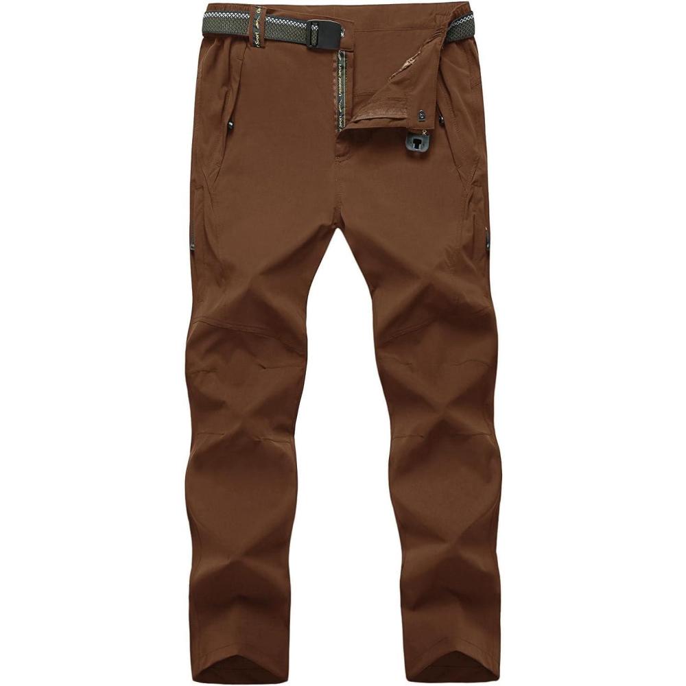 imageTBMPOY Mens Lightweight Hiking Pants with Belt 5 Zip Pockets Waterproof QuickDry Travel Fishing Work Outdoor PantsA28thin Dark Brown