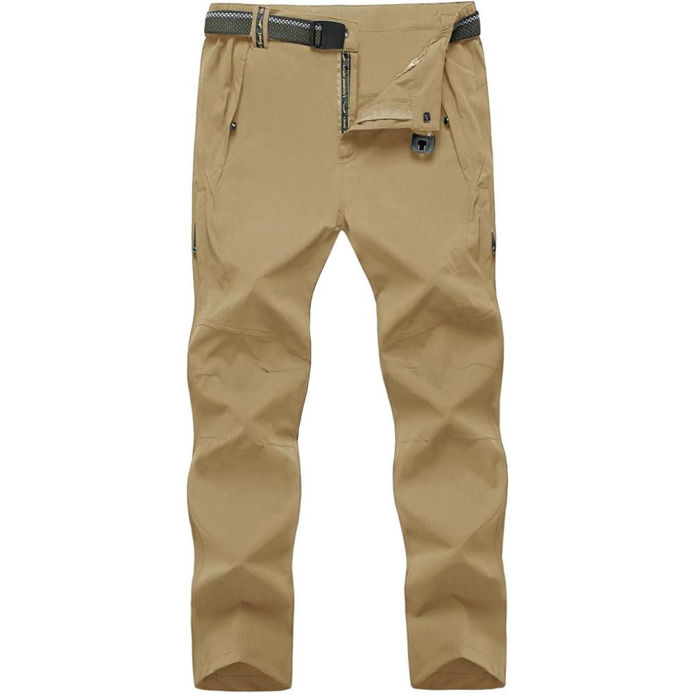 imageTBMPOY Mens Lightweight Hiking Pants with Belt 5 Zip Pockets Waterproof QuickDry Travel Fishing Work Outdoor PantsA2thin Khaki